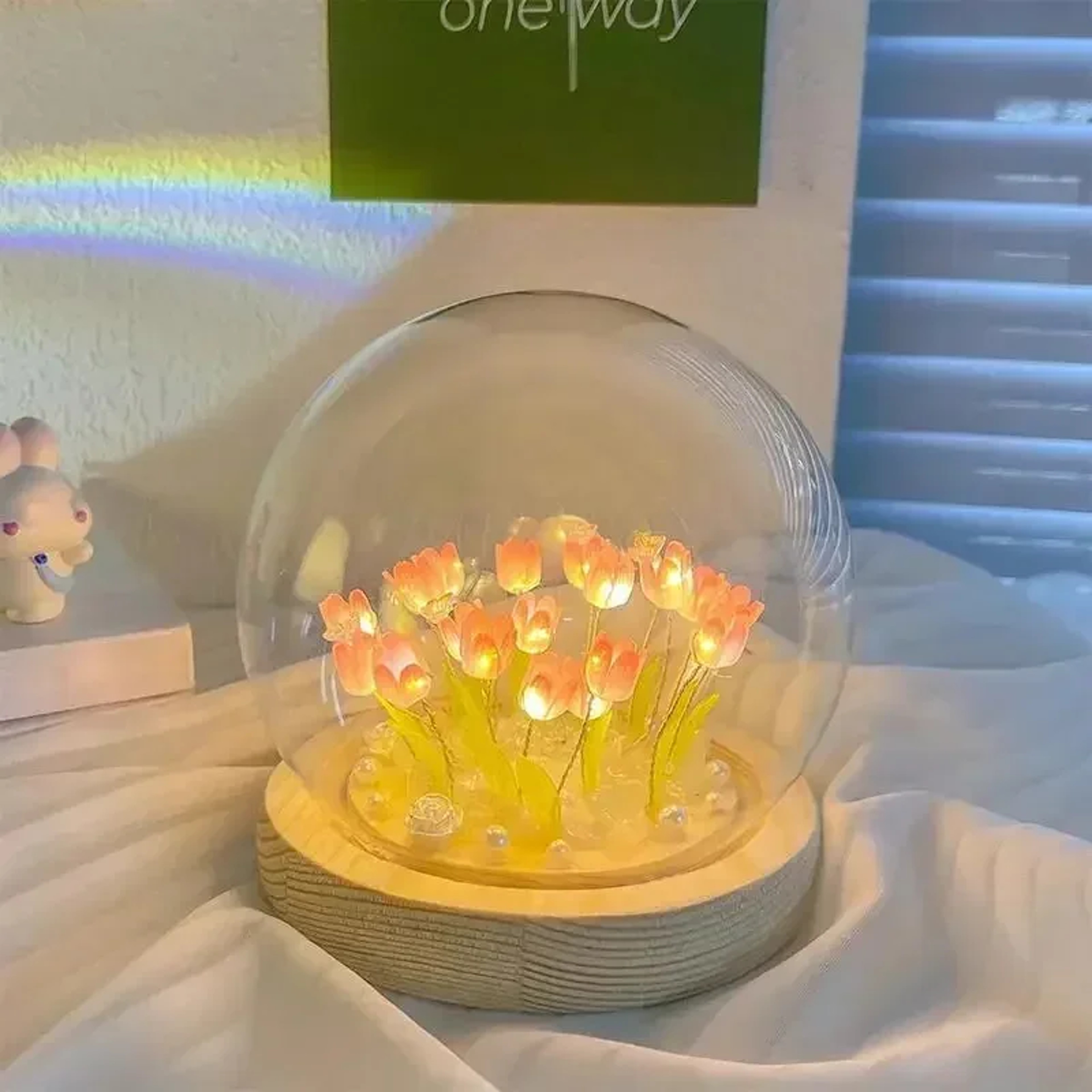 DIY Tulip Night Light Glass Dome LED Flower Lamp With Wooden Base For Bedroom Desk Decor Gift 4