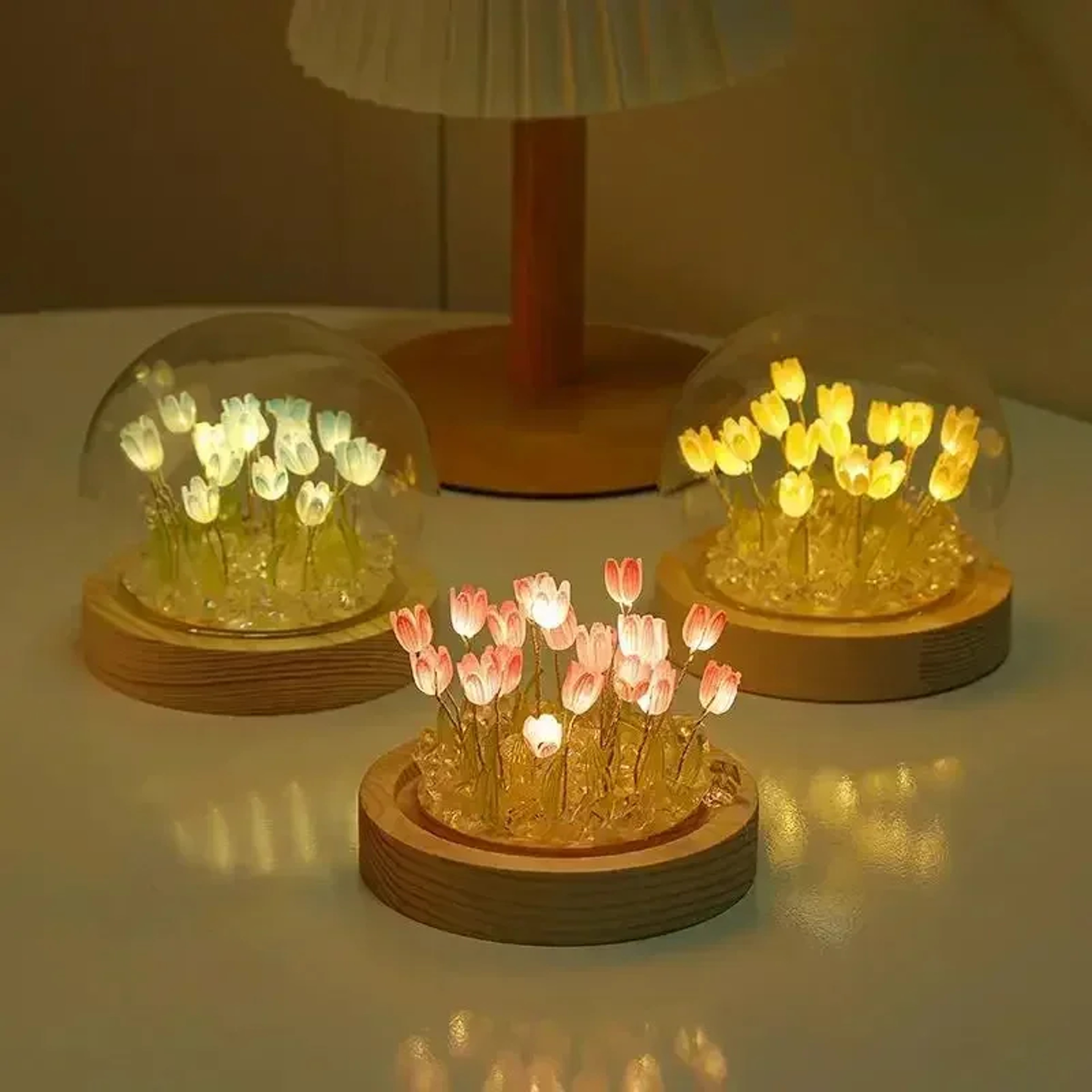 DIY Tulip Night Light Glass Dome LED Flower Lamp With Wooden Base For Bedroom Desk Decor Gift 5