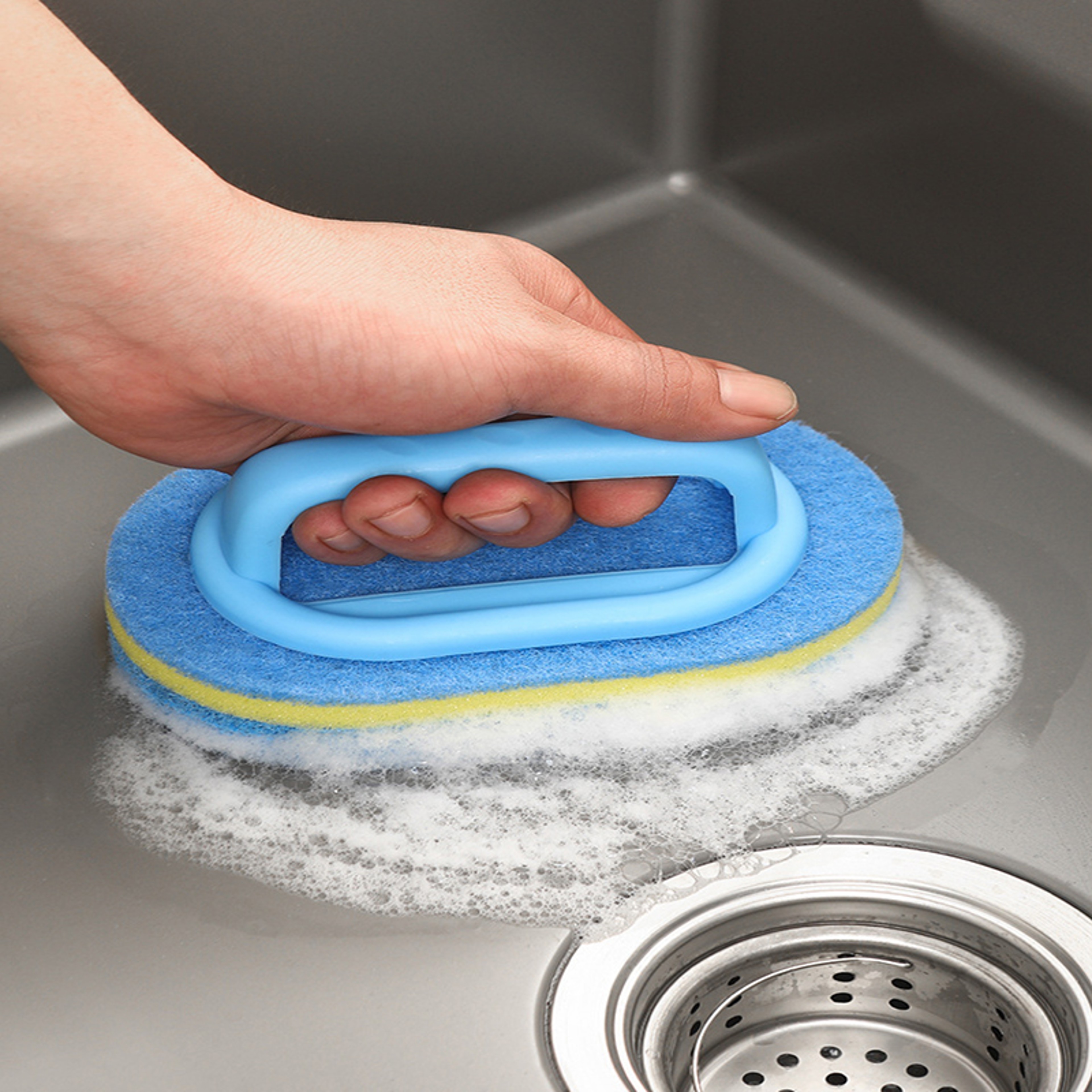 Heavy Duty Cleaning Sponge Brush with Handle for Kitchen Bathroom Tile and Stain Removal – view 7