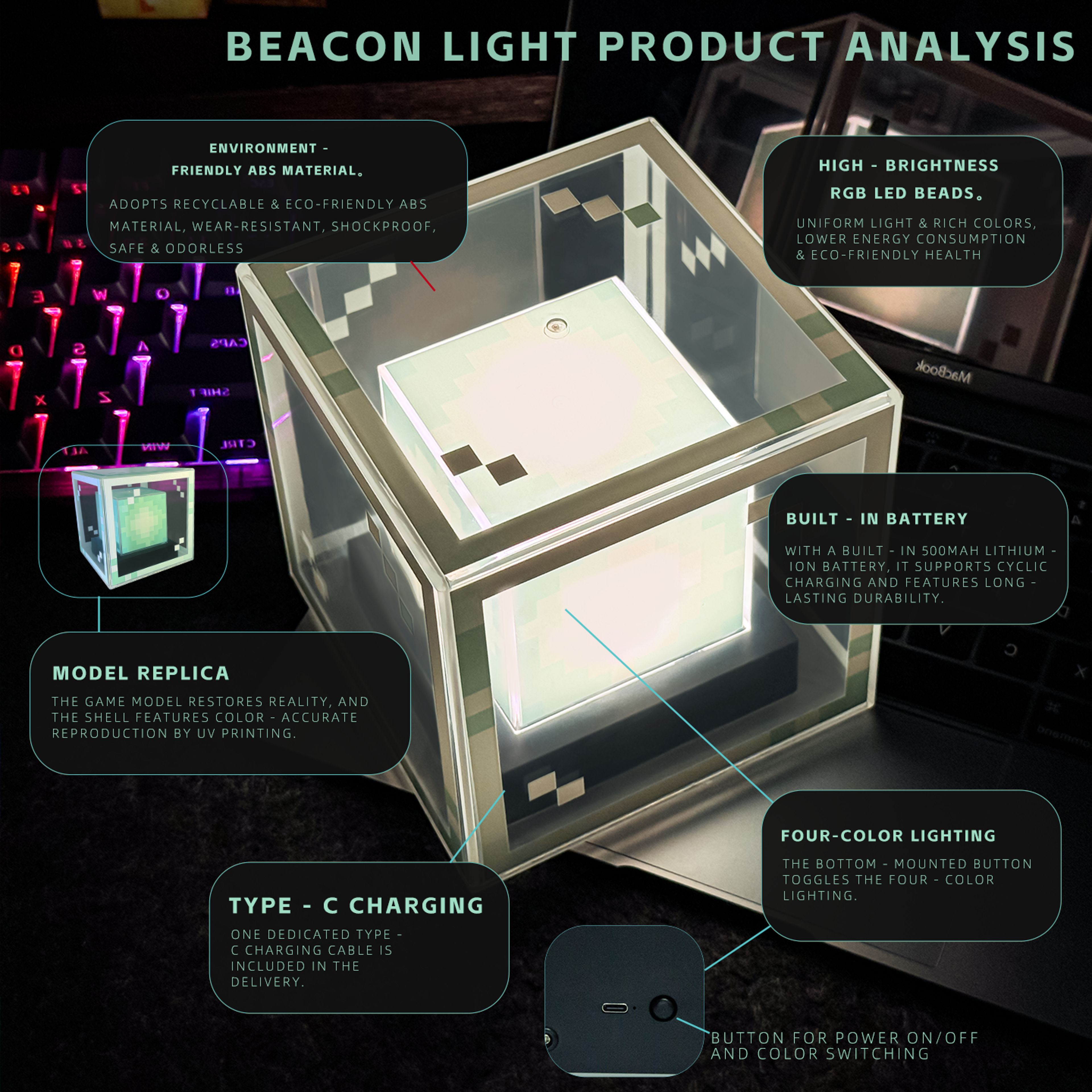 Pixel Beacon Gaming Desk Light Rechargeable Pixel Night Light LED Desktop Decor 5