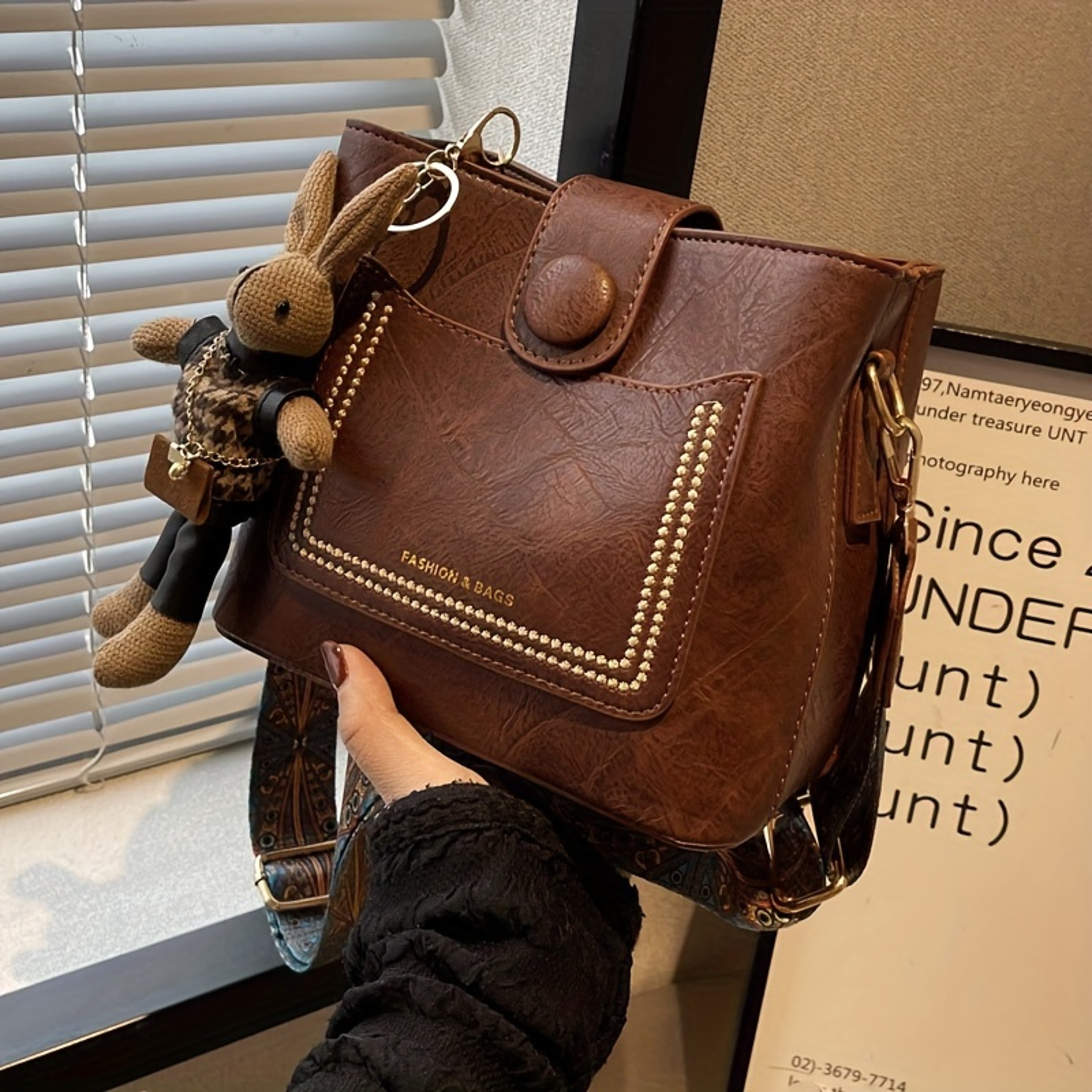 Vintage Faux Leather Crossbody Bag For Women With Wide Printed Strap And Bunny Charm 2