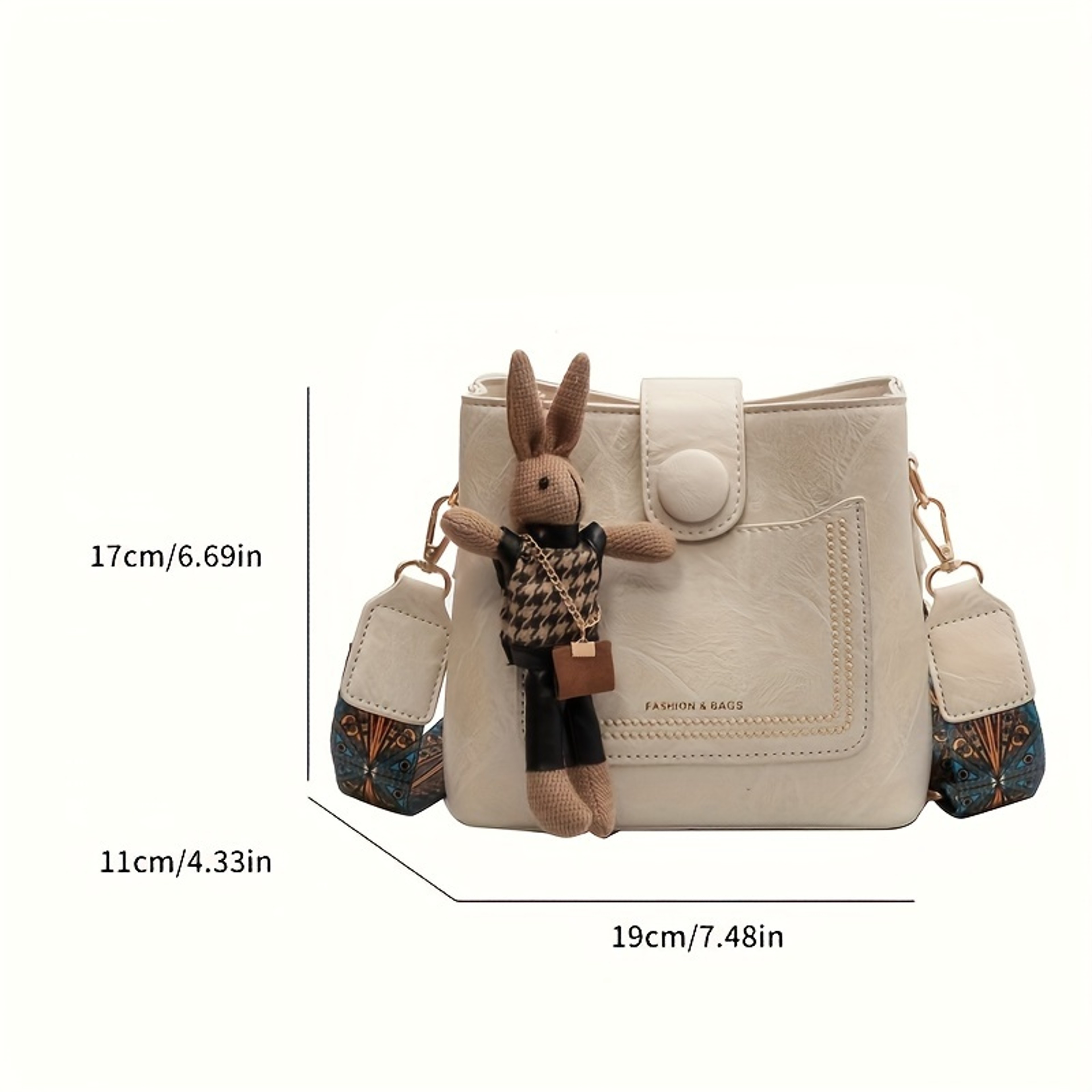 Vintage Faux Leather Crossbody Bag For Women With Wide Printed Strap And Bunny Charm 6