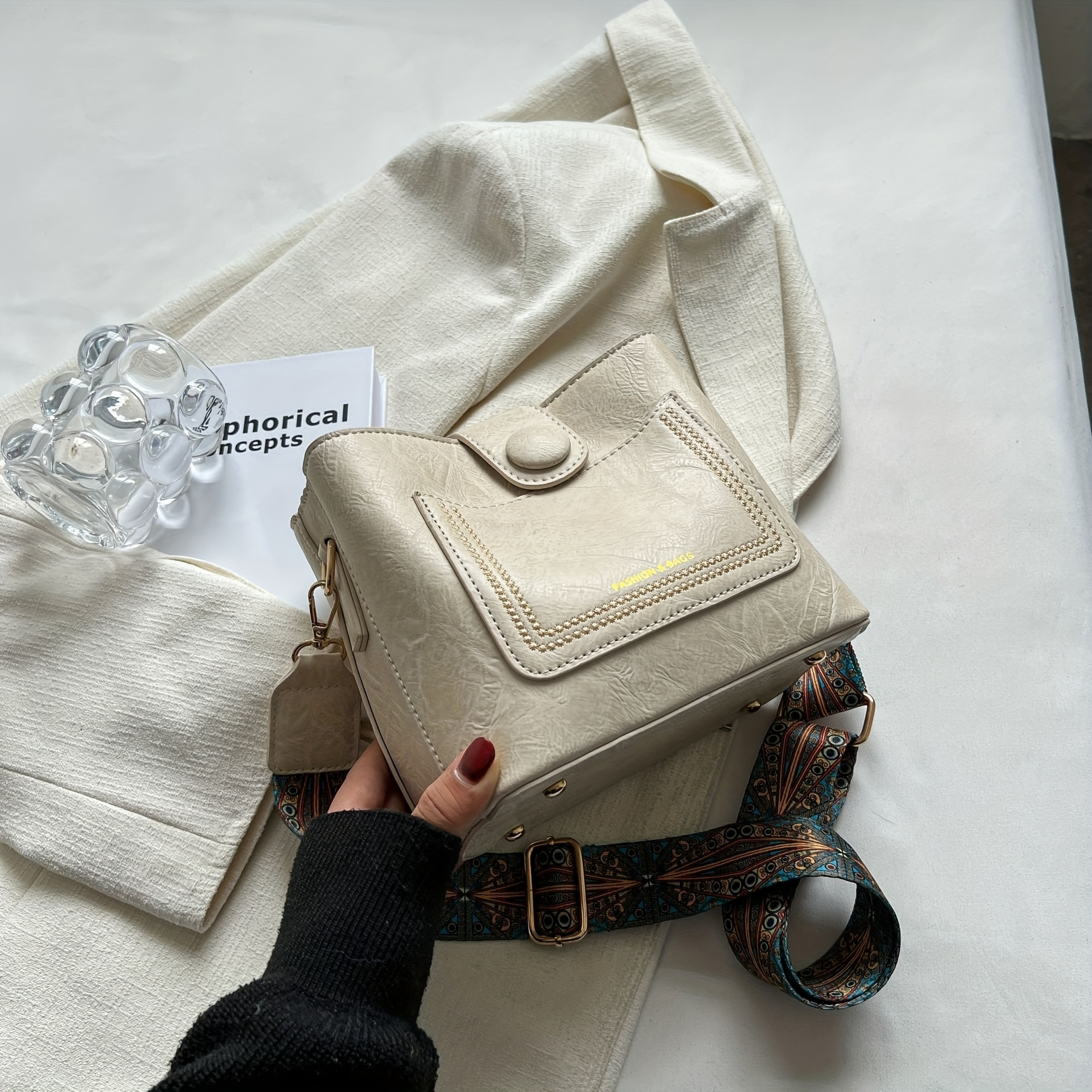 Vintage Faux Leather Crossbody Bag For Women With Wide Printed Strap And Bunny Charm 10