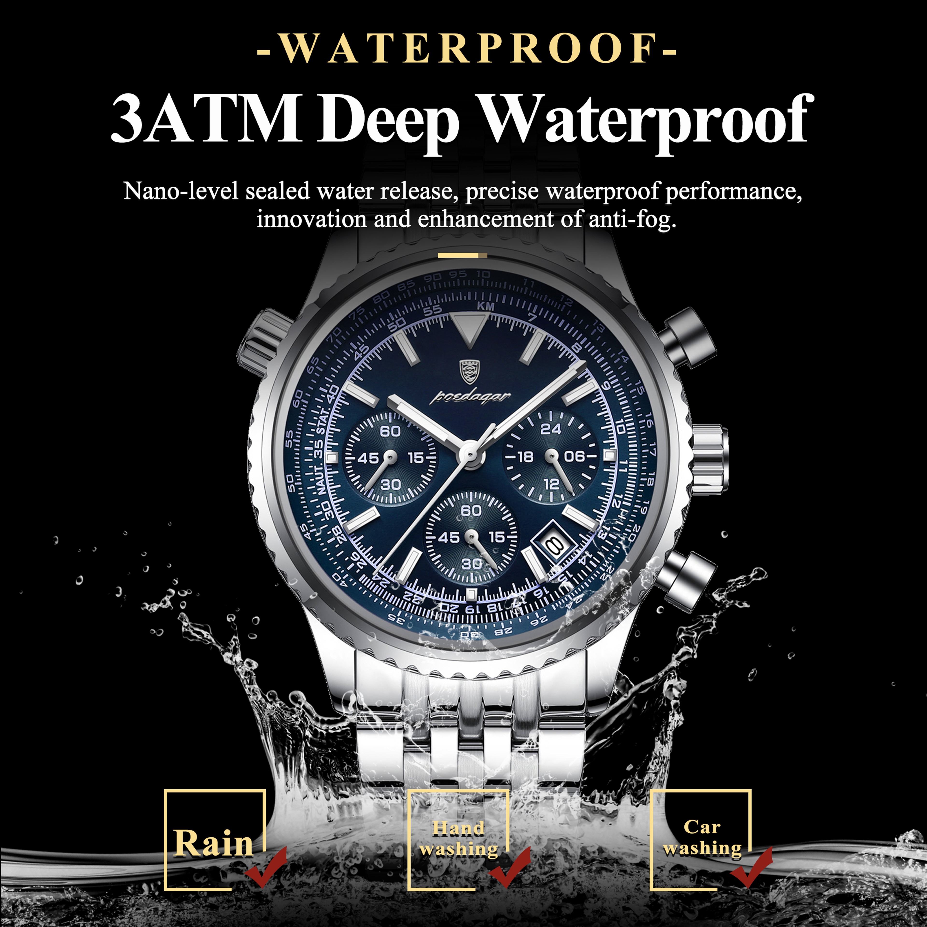 Luxury Mens Chronograph Watch Waterproof Luminous Stainless Steel Quartz Watch 2