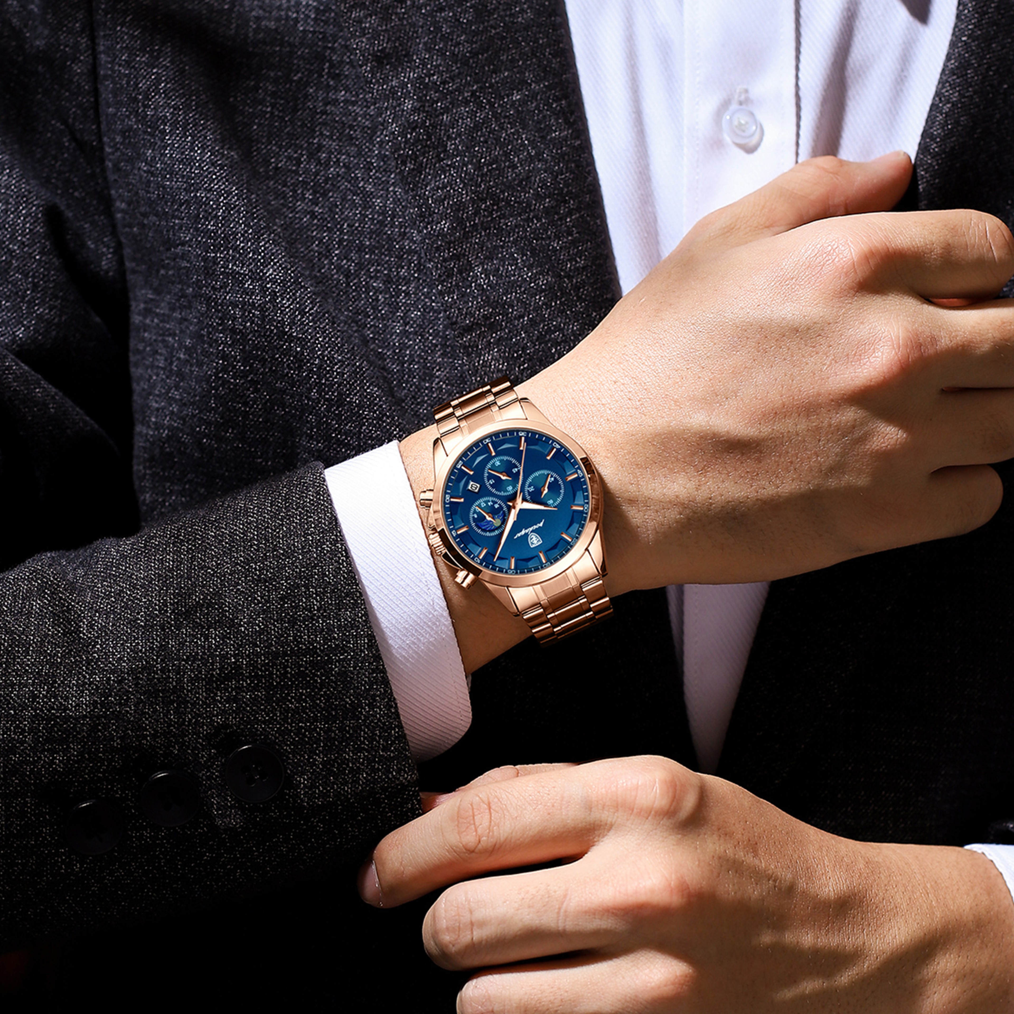Mens Chronograph Watch Stainless Steel Waterproof Quartz Watch 4