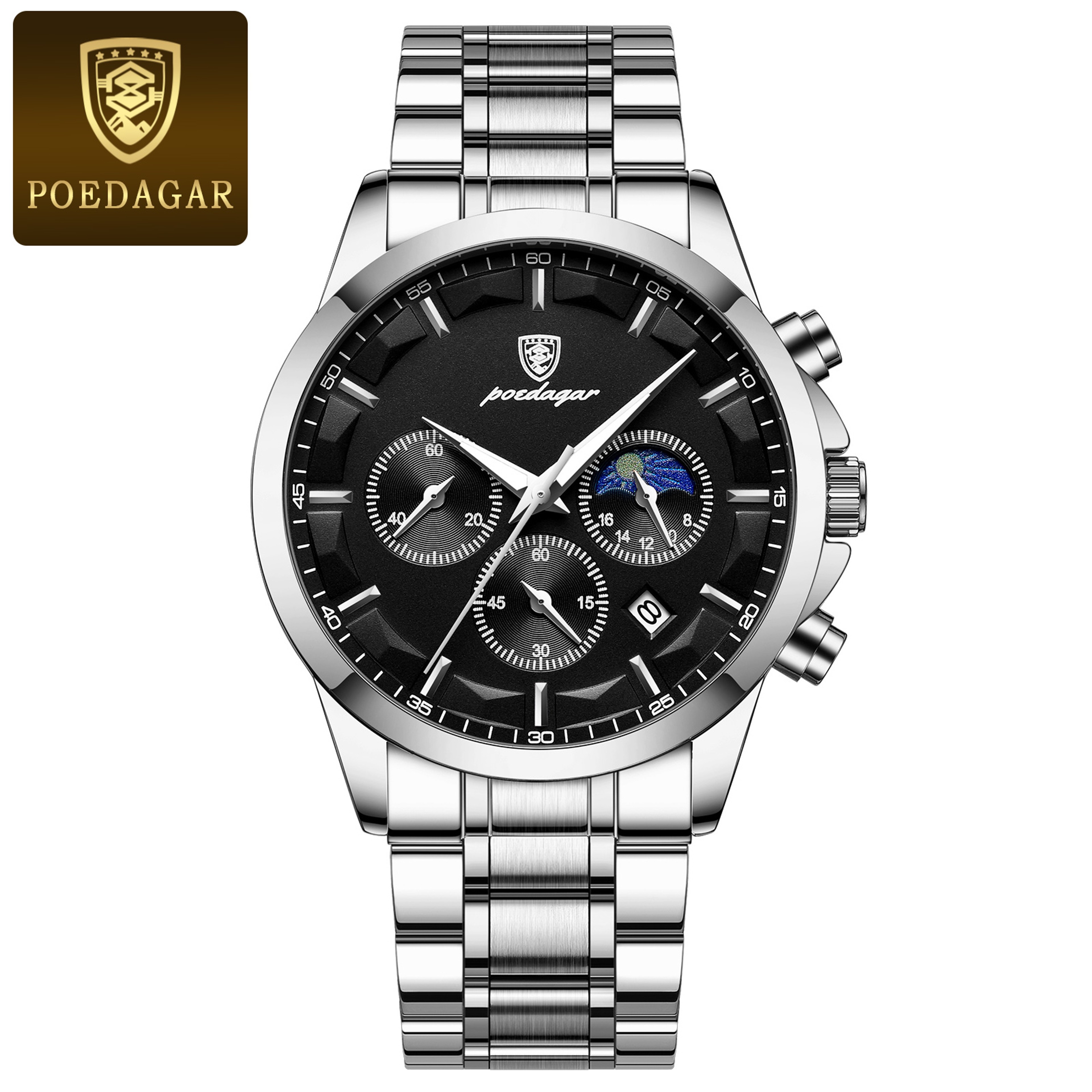 Mens Chronograph Watch Stainless Steel Waterproof Quartz Watch 8