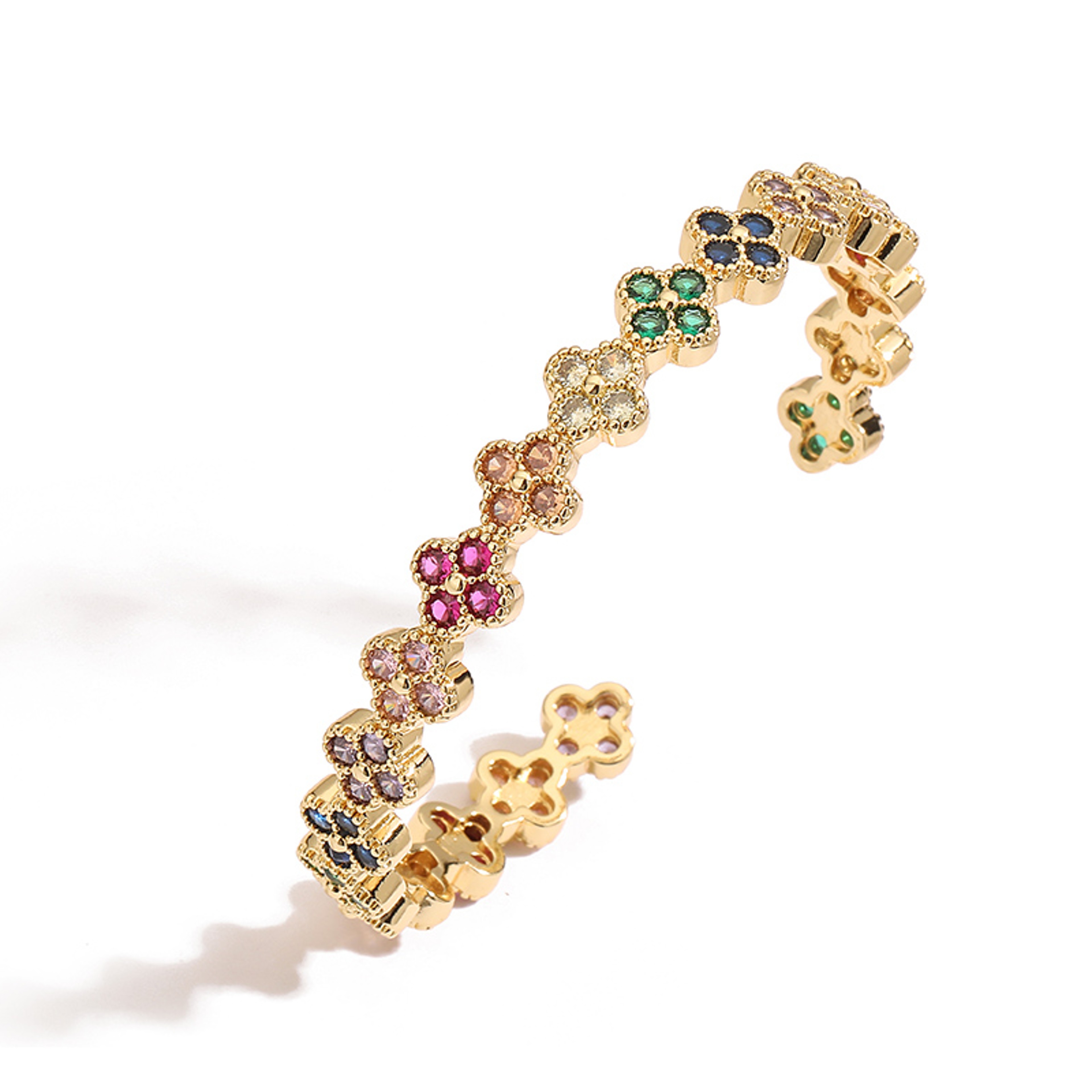 Gold Plated Flower Bracelet For Women With Cubic Zirconia Adjustable Bangle 7