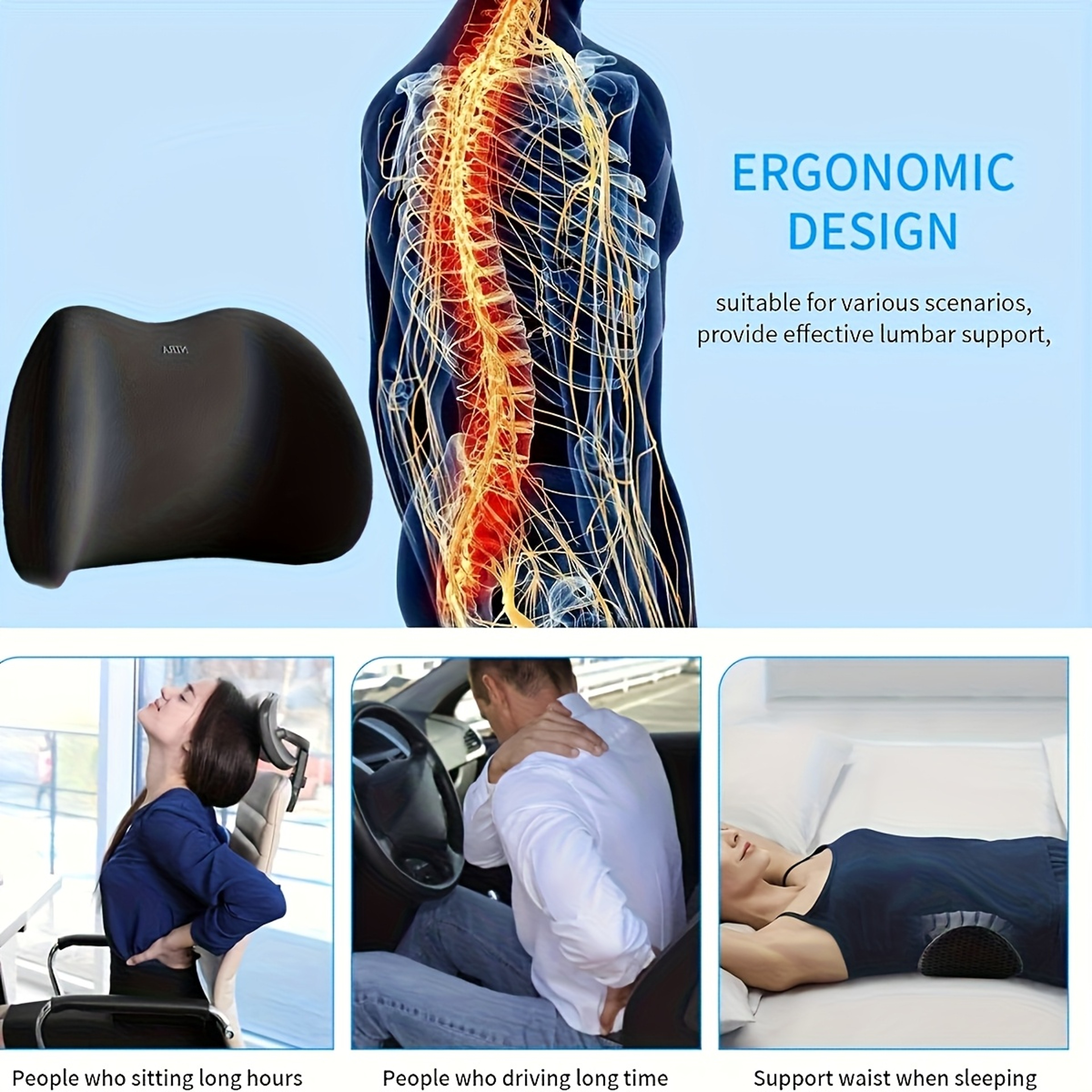 Ergonomic Memory Foam Lumbar Support Pillow For Office Chair Car And Sleep 3