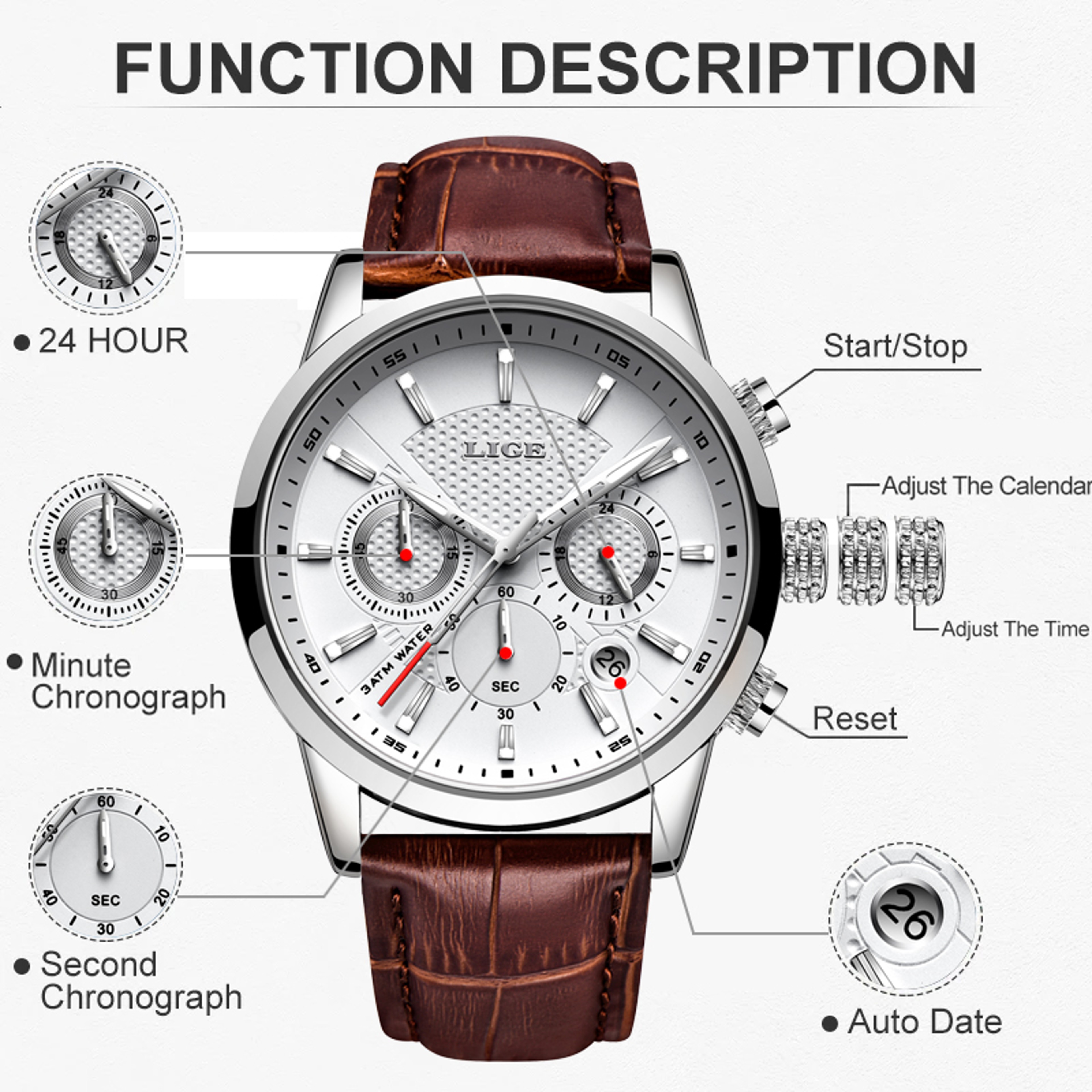 Mens Chronograph Watch Waterproof Quartz Leather Business Watch 3