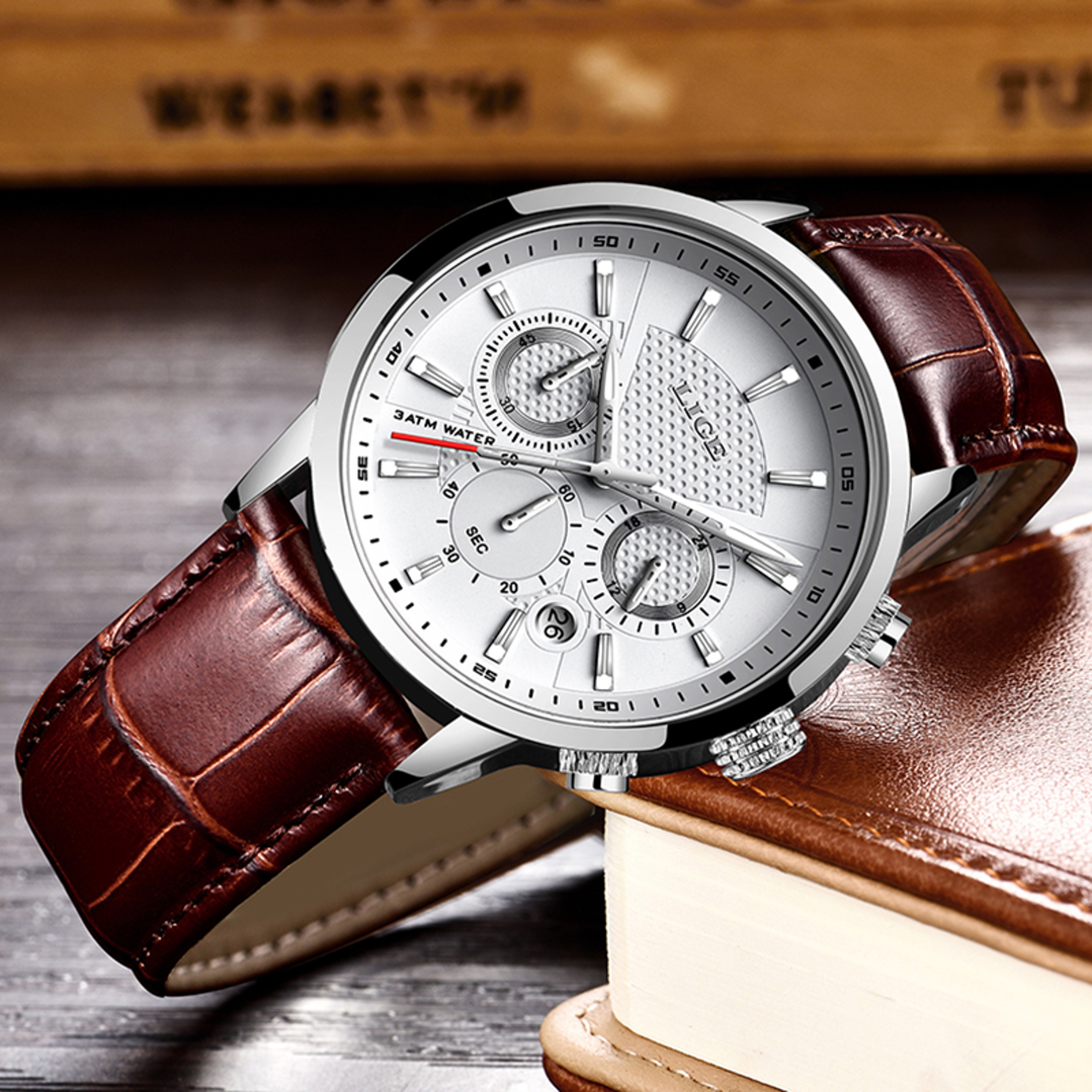 Mens Chronograph Watch Waterproof Quartz Leather Business Watch 2