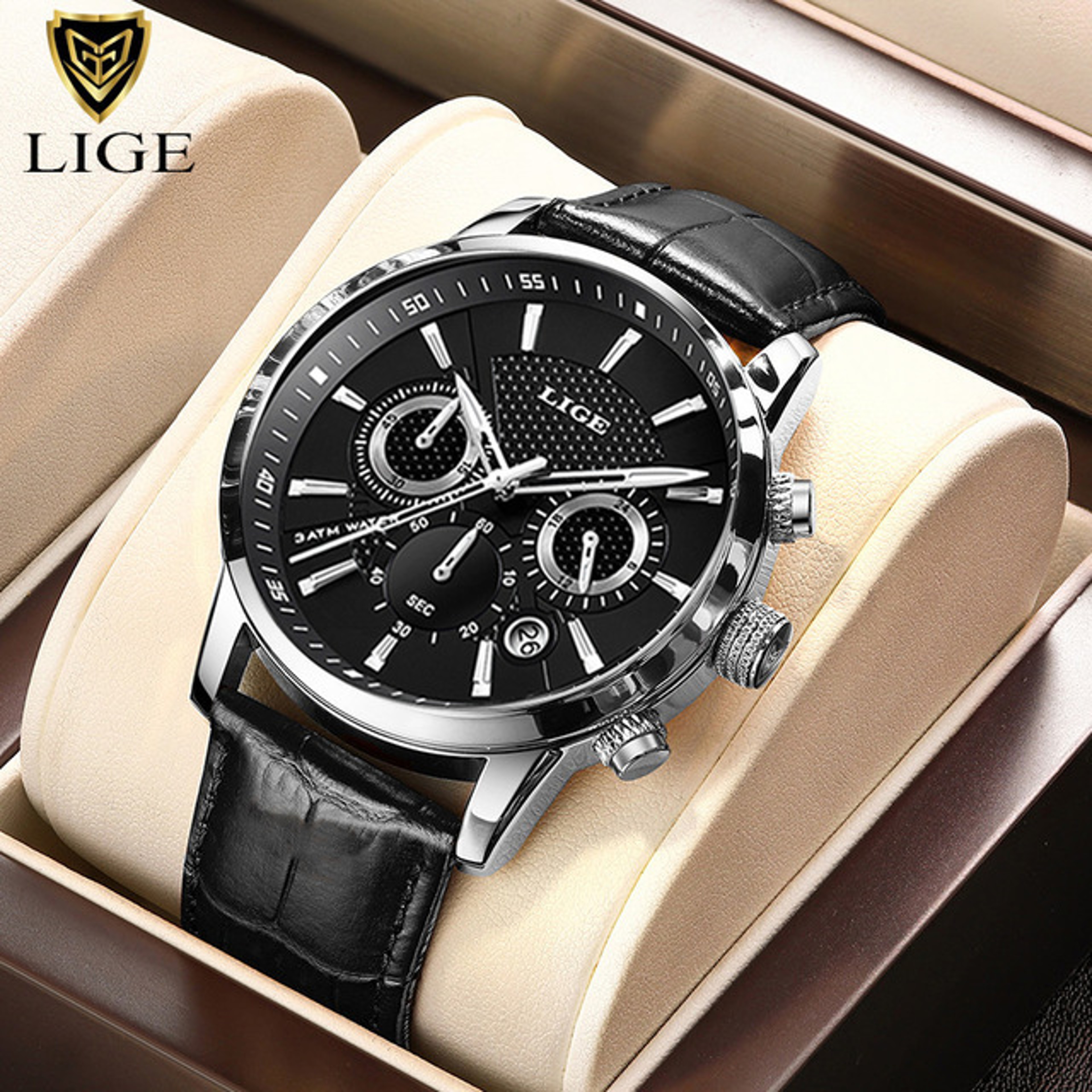 Mens Chronograph Watch Waterproof Quartz Leather Business Watch 6