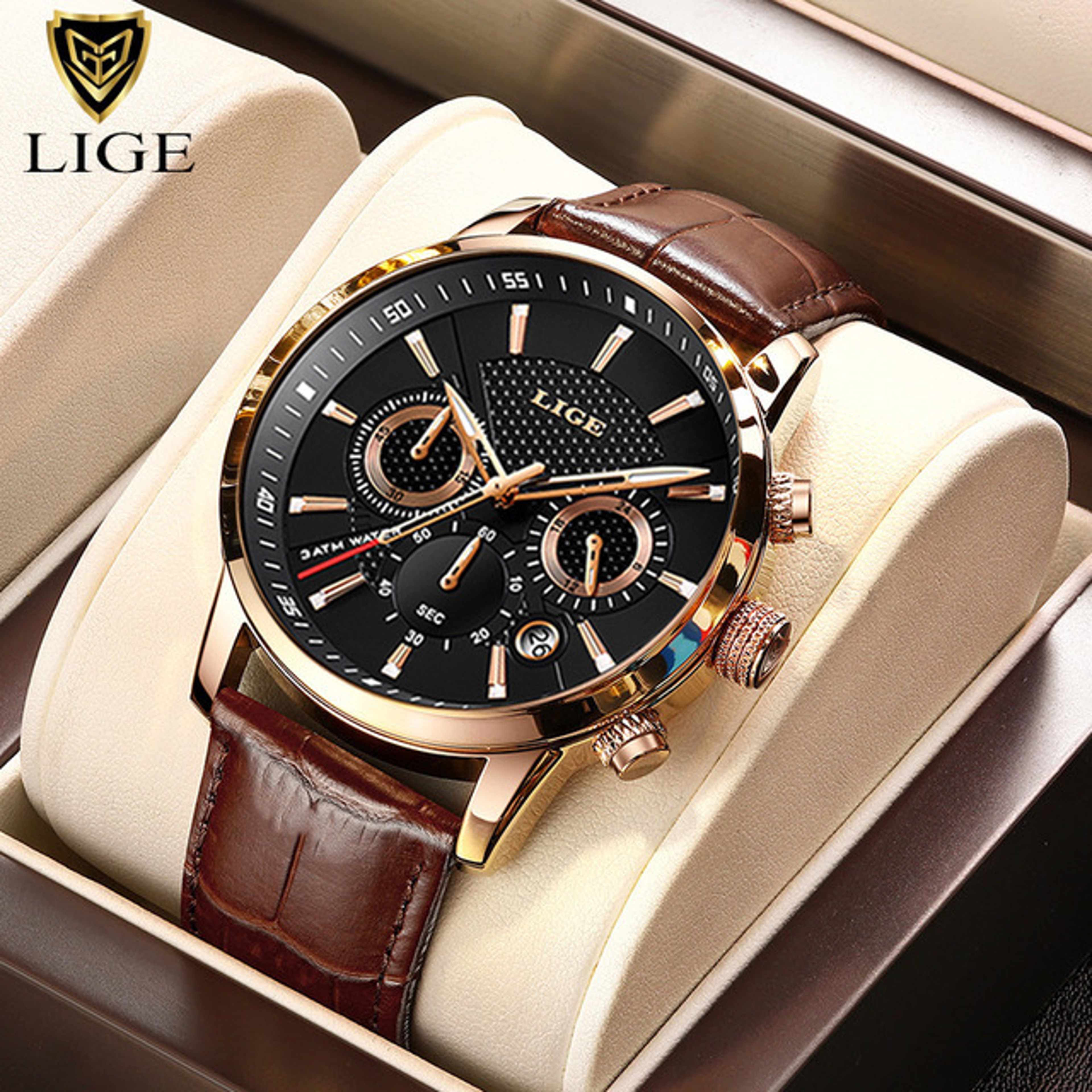 Mens Chronograph Watch Waterproof Quartz Leather Business Watch 10