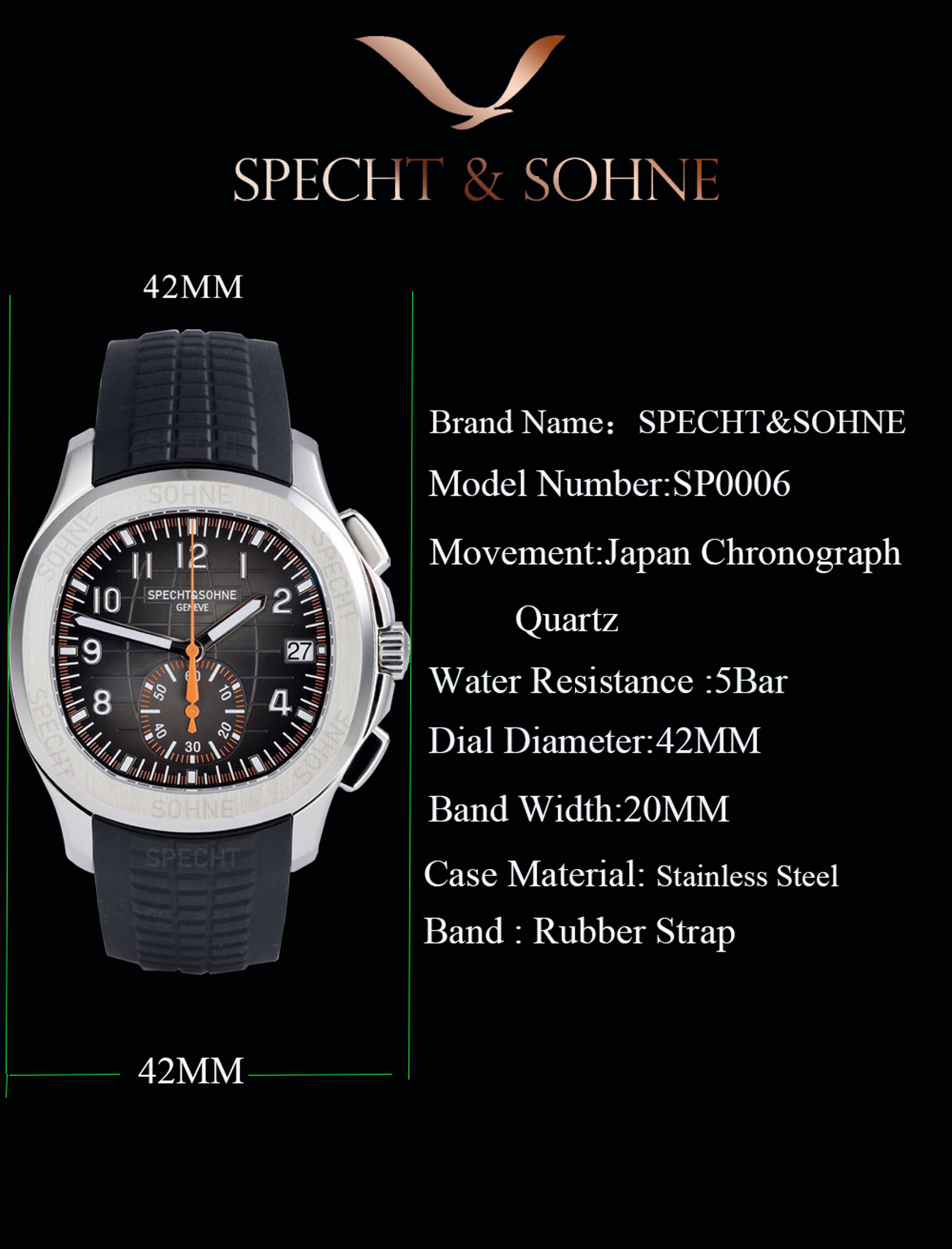 Mens Quartz Watch With Sapphire Crystal Orange Rubber Strap Waterproof 2