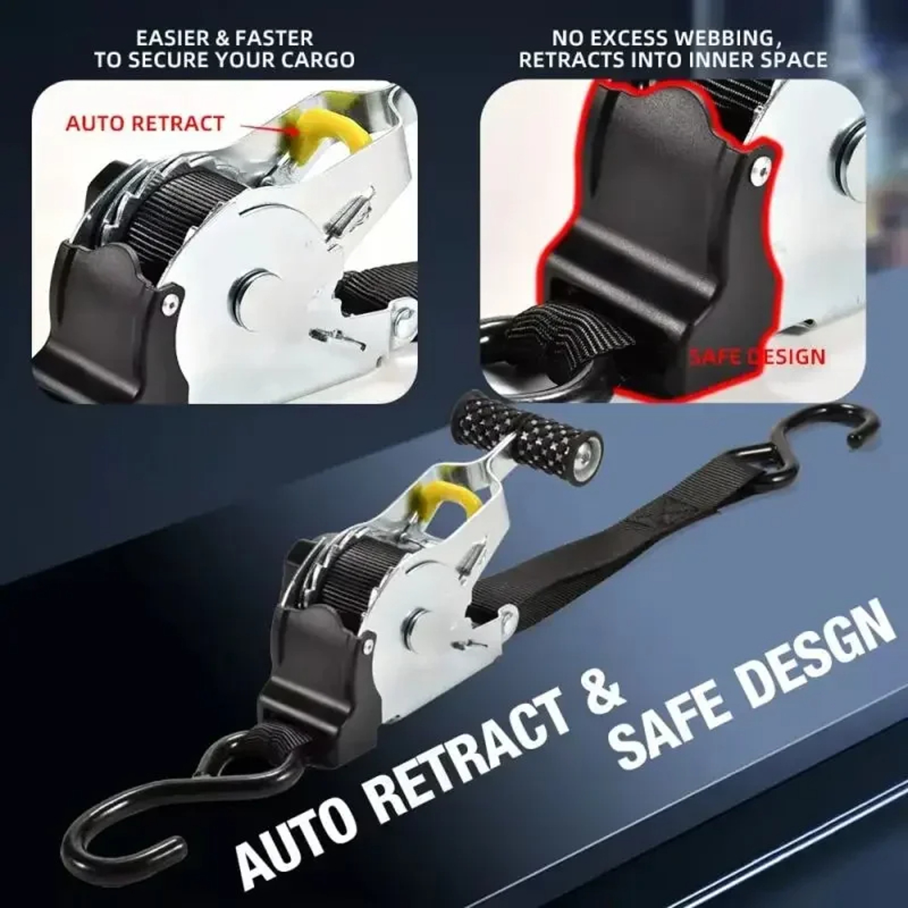 Auto Retractable Ratchet Straps For Cargo Motorcycle And Car Tie Down 3