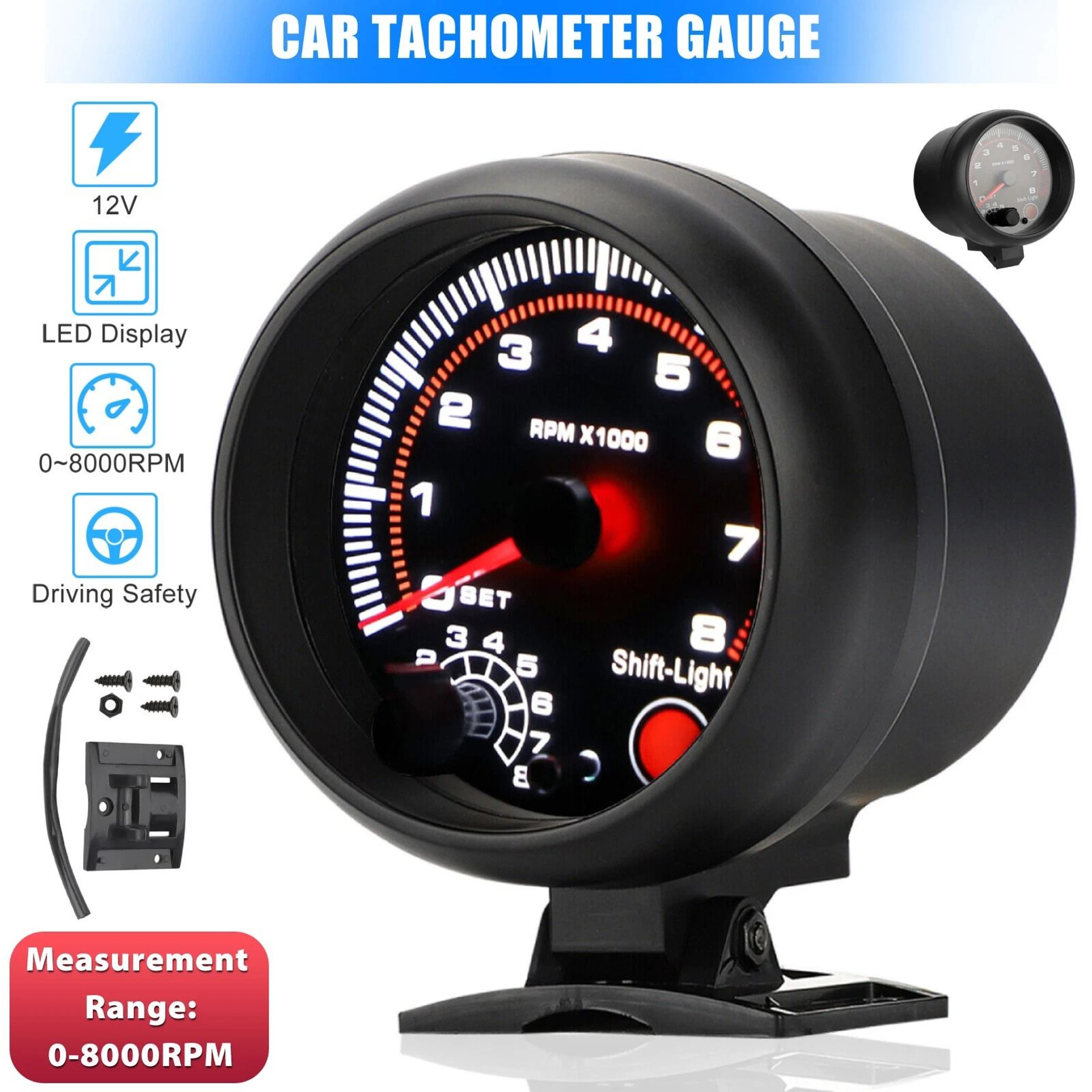 Tachometer Gauge With LED Shift Light Universal Car Meter For Petrol Engines RPM Indicator 4