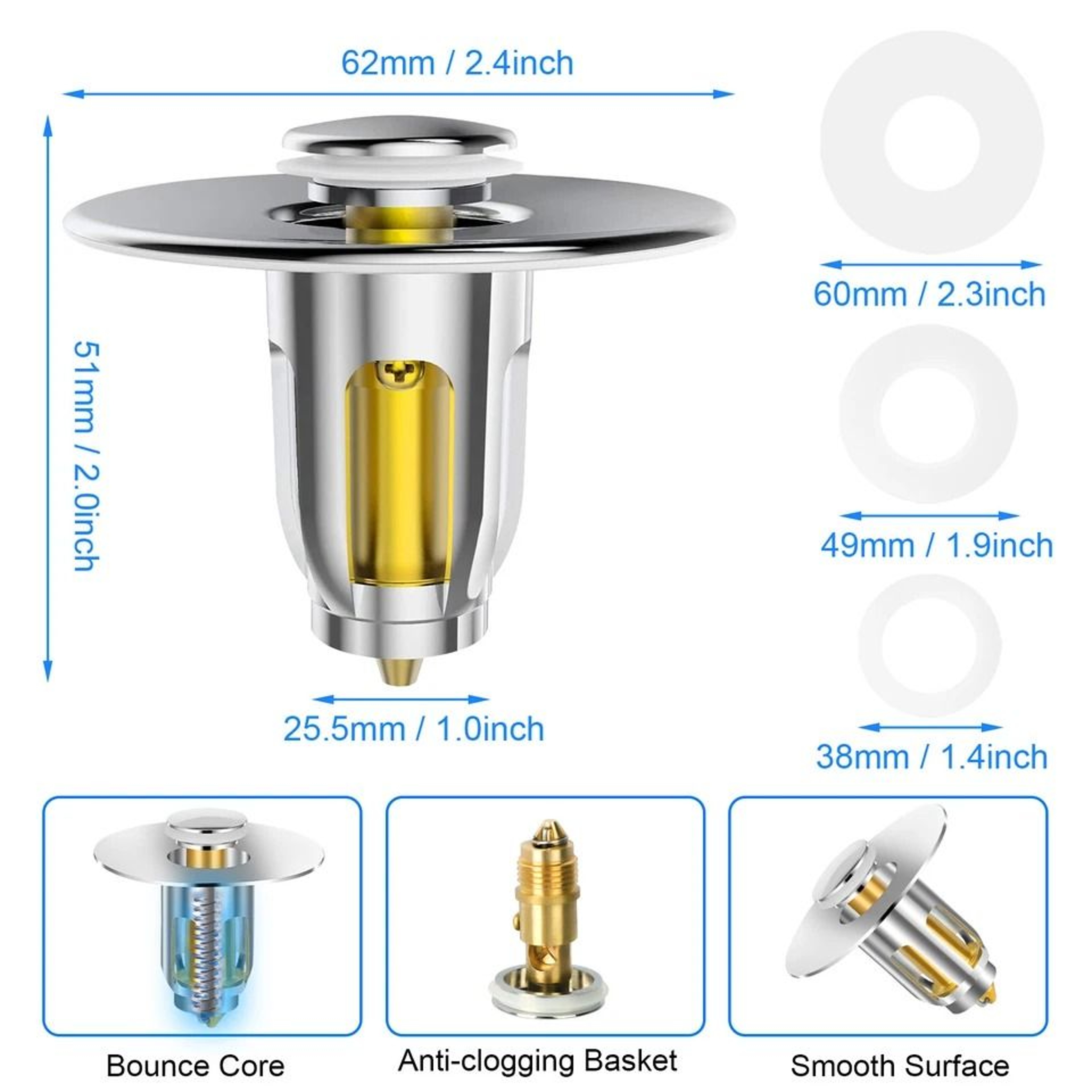 Universal Bathroom Sink Plug Stopper PopUp Drain Filter For Wash Basin Core Bounce Design Easy Inst 6