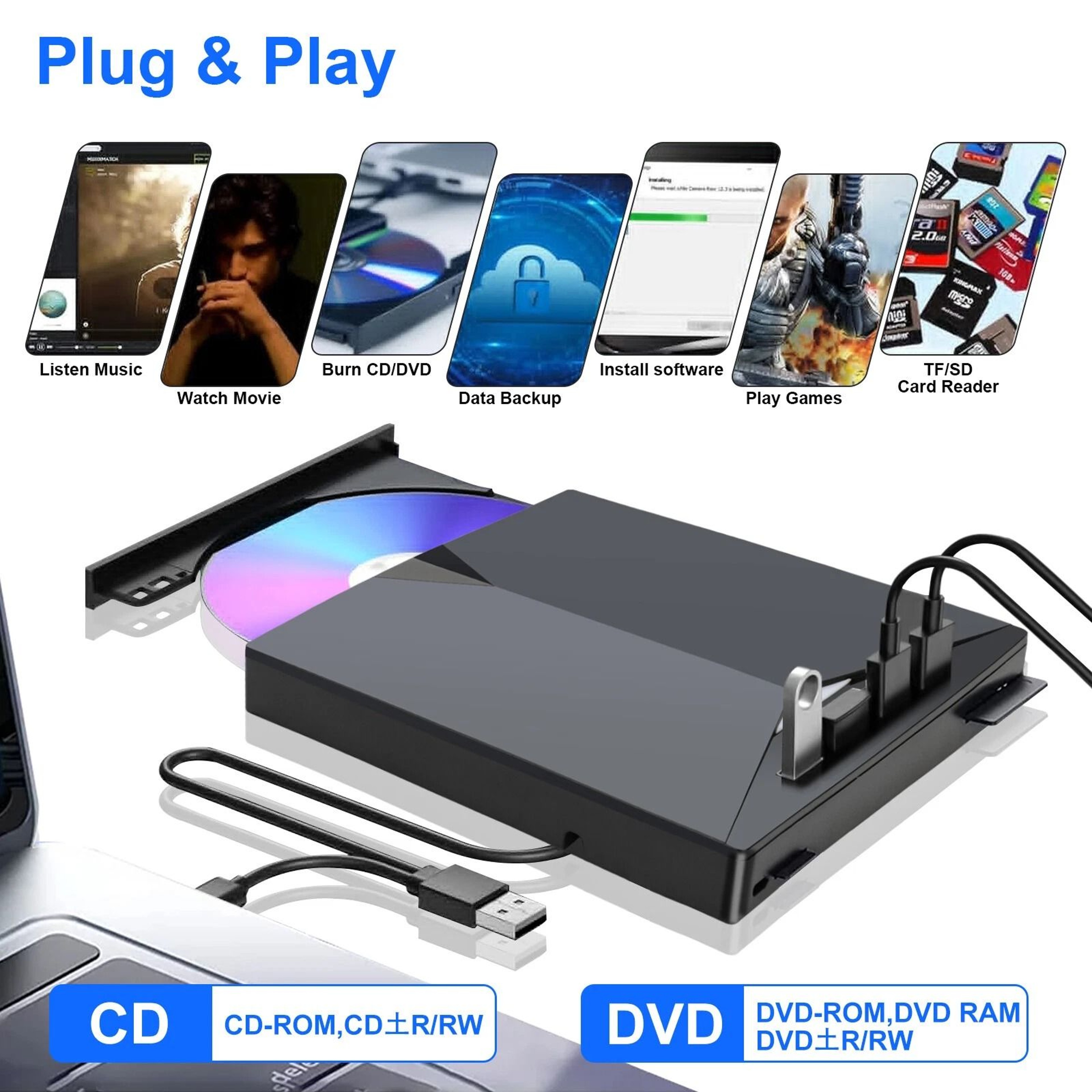 USB Slim External CD DVD RW Drive Burner Player For Laptop PCs Black 4
