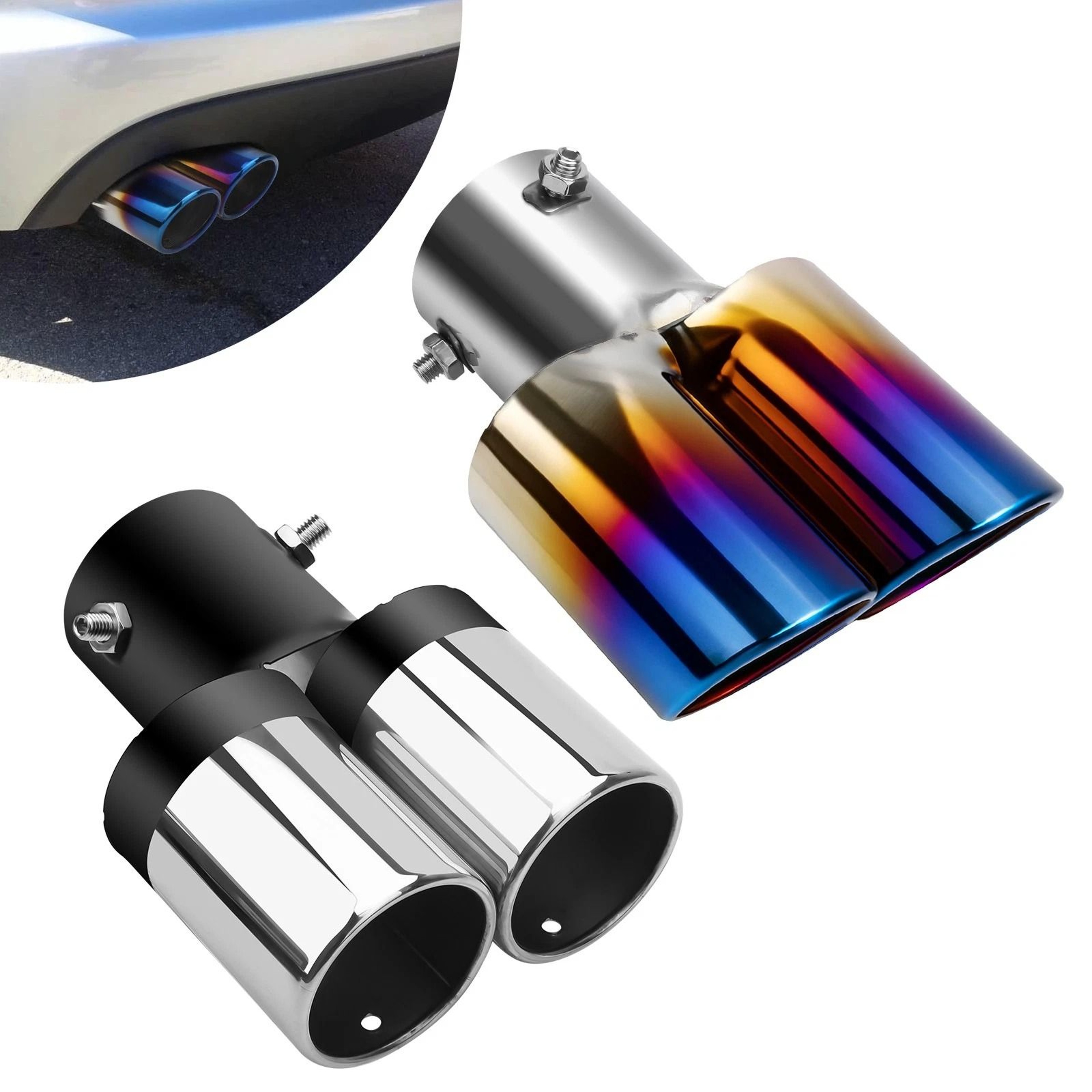 Universal Dual Exhaust Tip Muffler  Stainless Steel Round Design ClampOn Installation 3