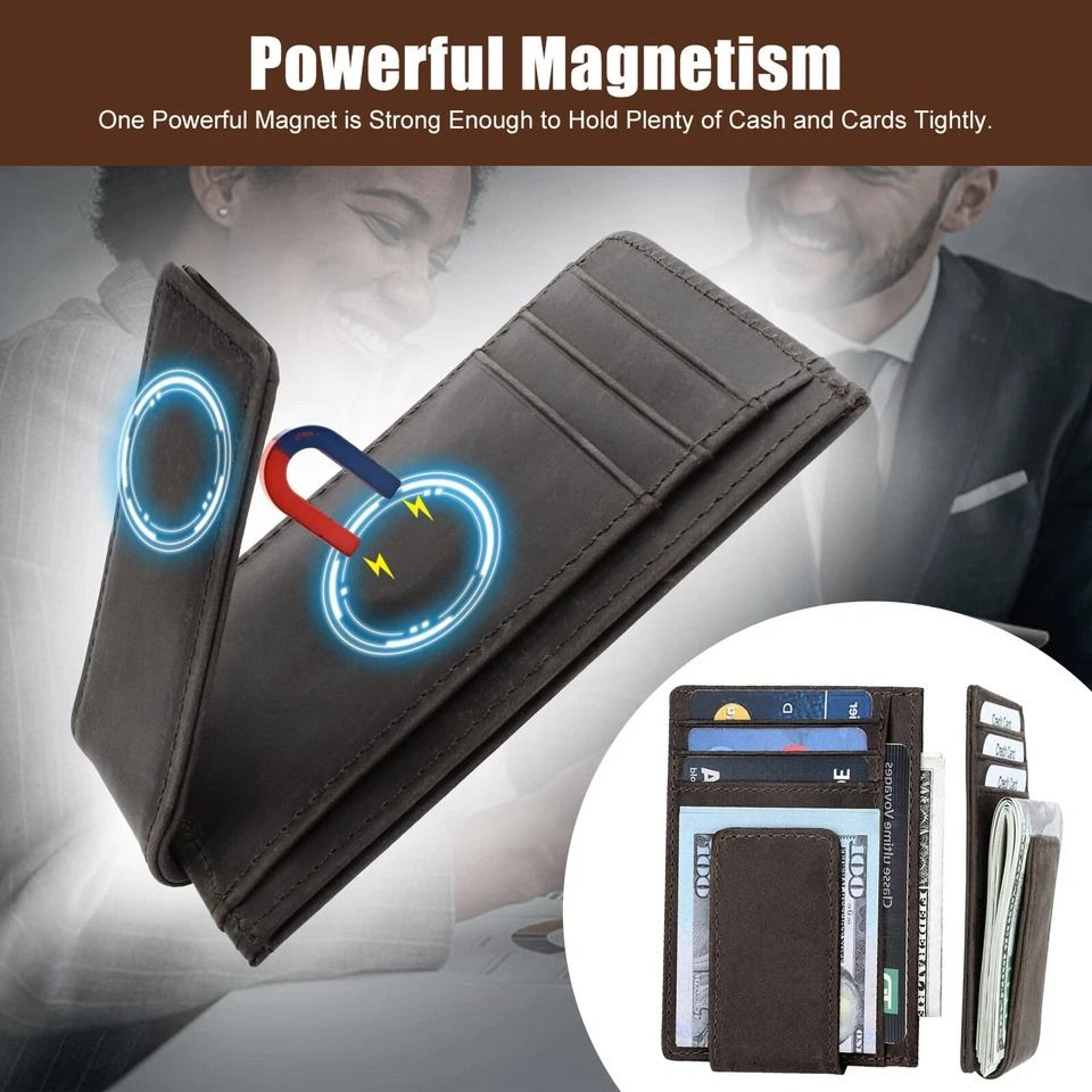 Men Leather Money Clip Wallet  Slim Front Pocket Magnetic ID  Credit Card Holder 2