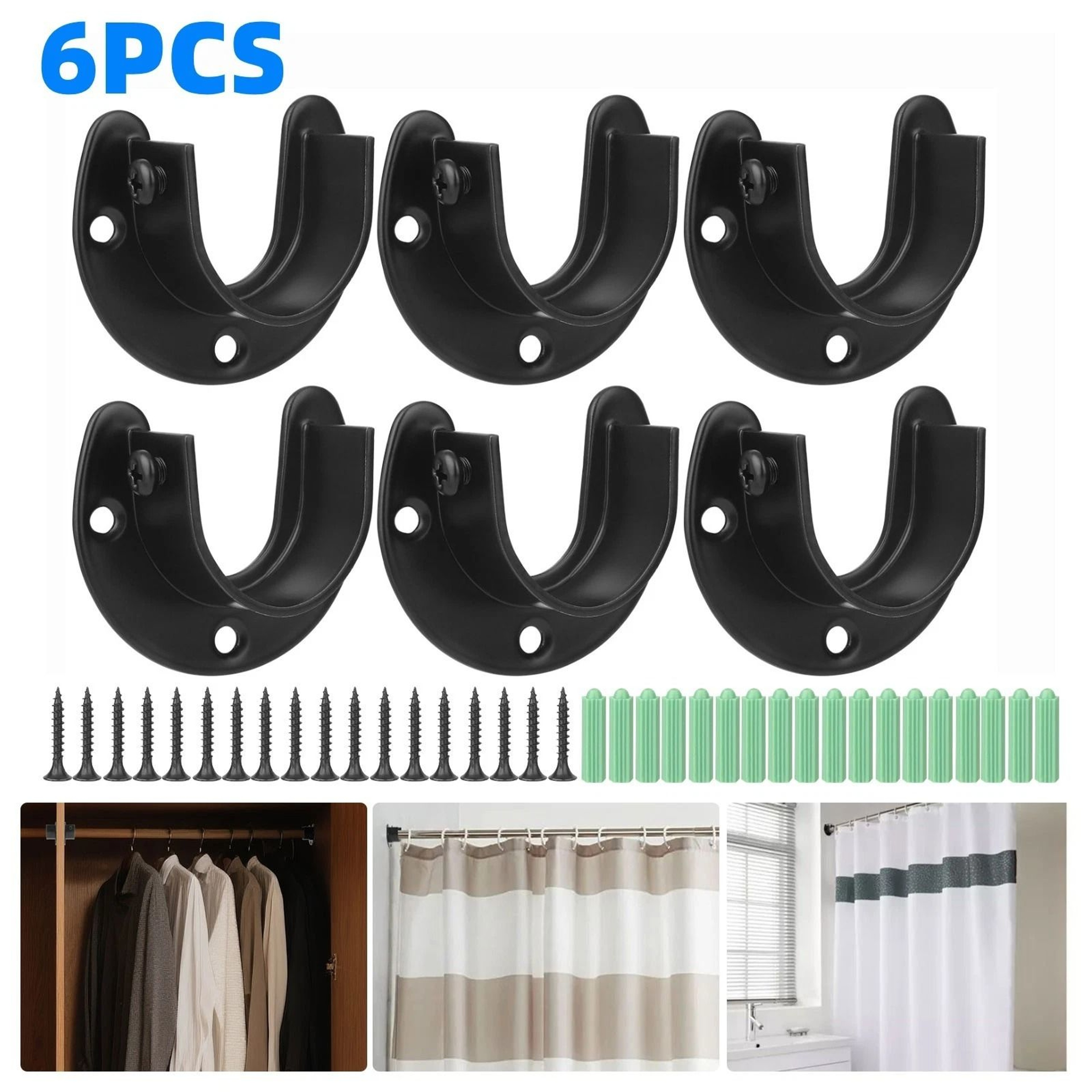 Stainless Steel Closet Rod Bracket Set  Black Pole Holder With Screws For Wardrobe Curtain And Laun 6