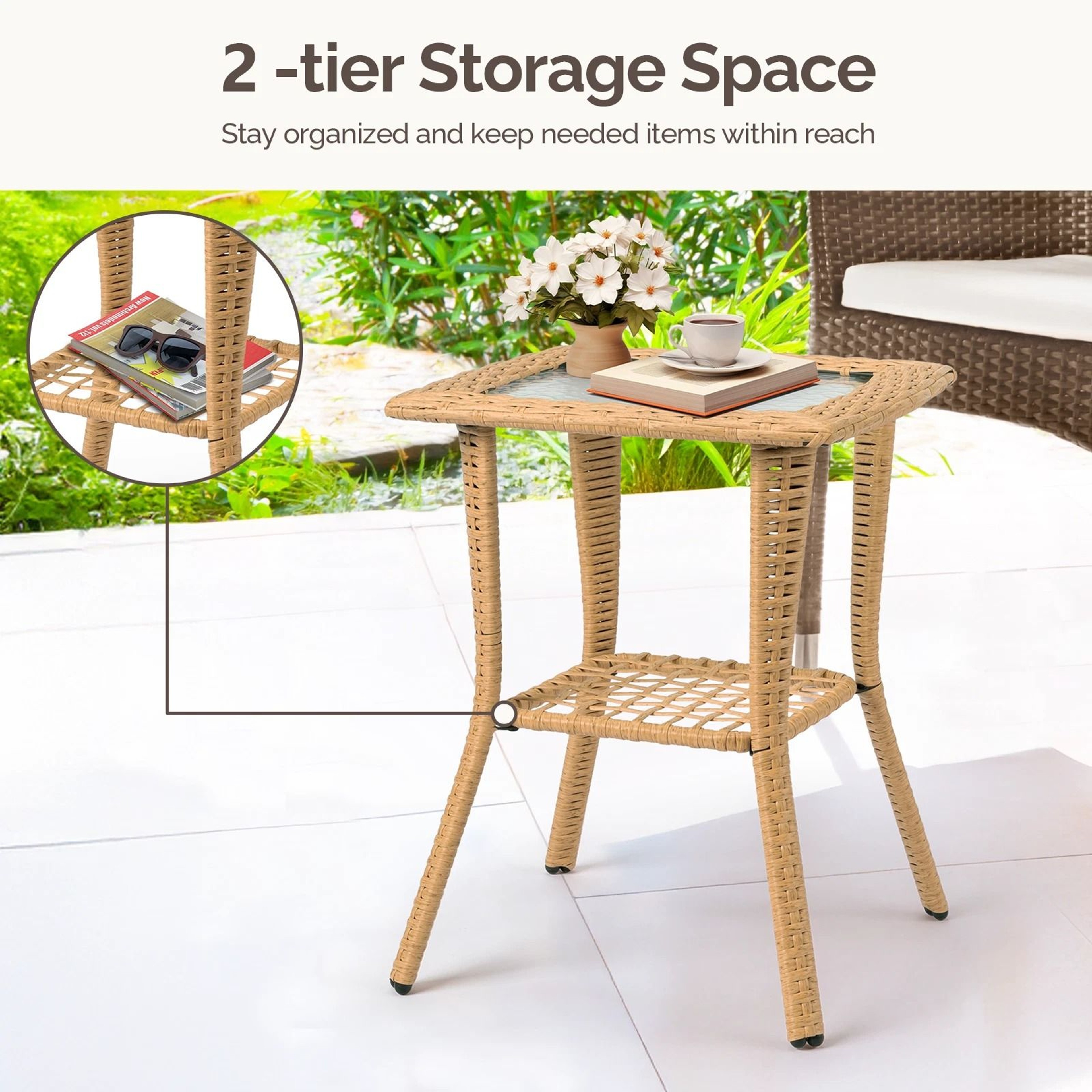 Portable Wicker Side Table With Glass Top  Indoor  Outdoor AllWeather Furniture 2