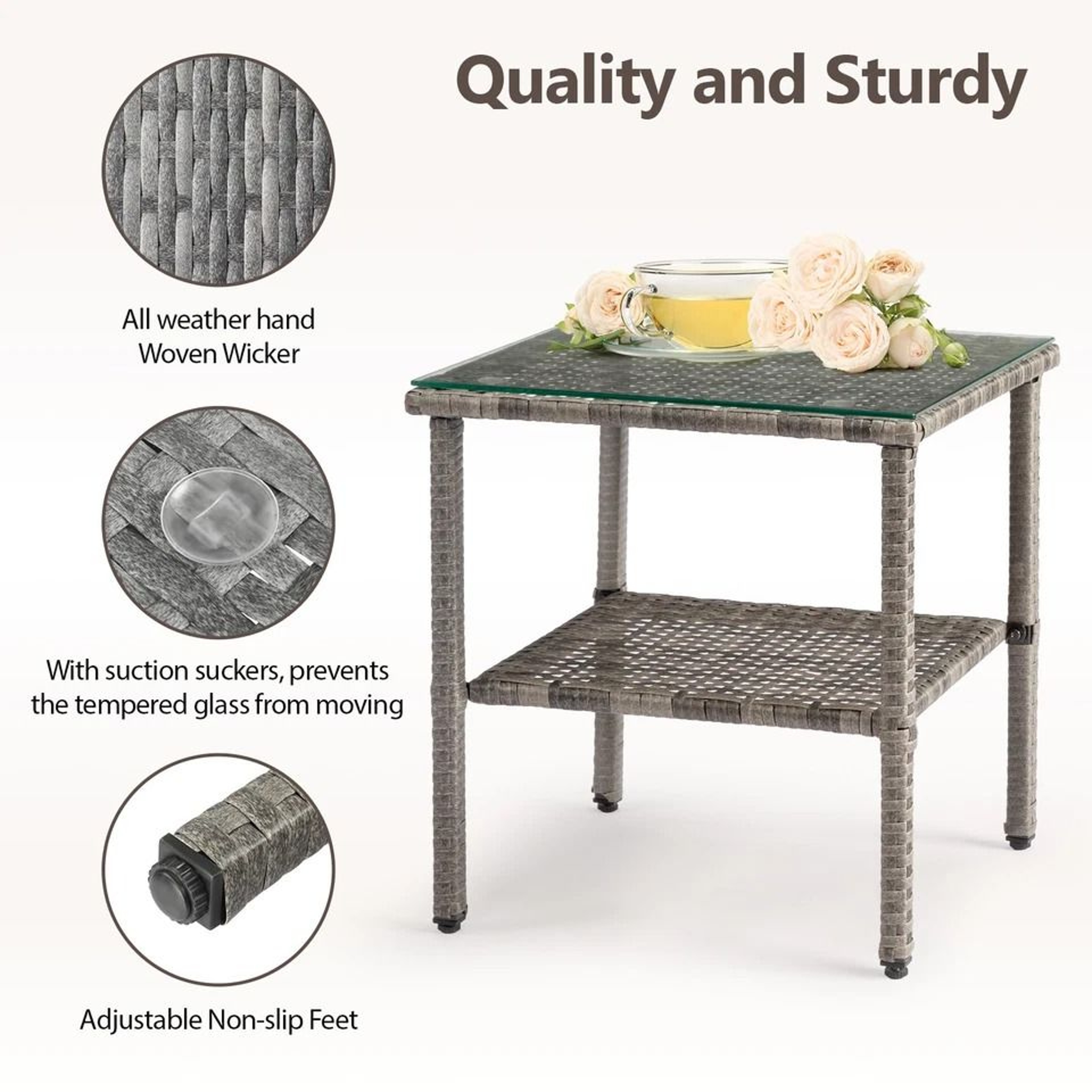 Outdoor Wicker Coffee Table With Glass Top Square Patio End Table For Indoor Outdoor Spaces 4