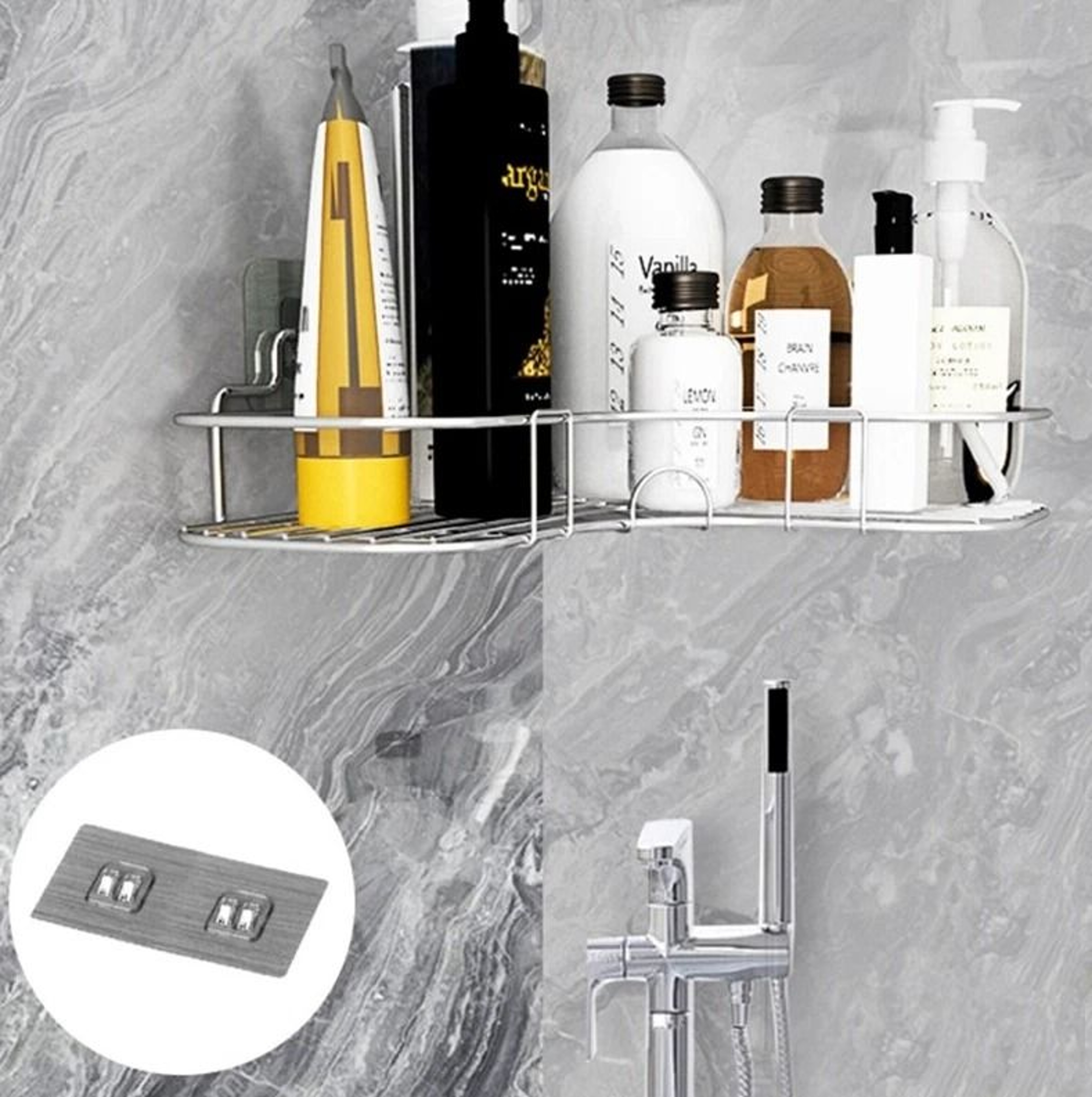 Rustproof Corner Shower Caddy  Triangular Rack Bathroom Storage Shelf Organizer With NoDrill Adhesi 1