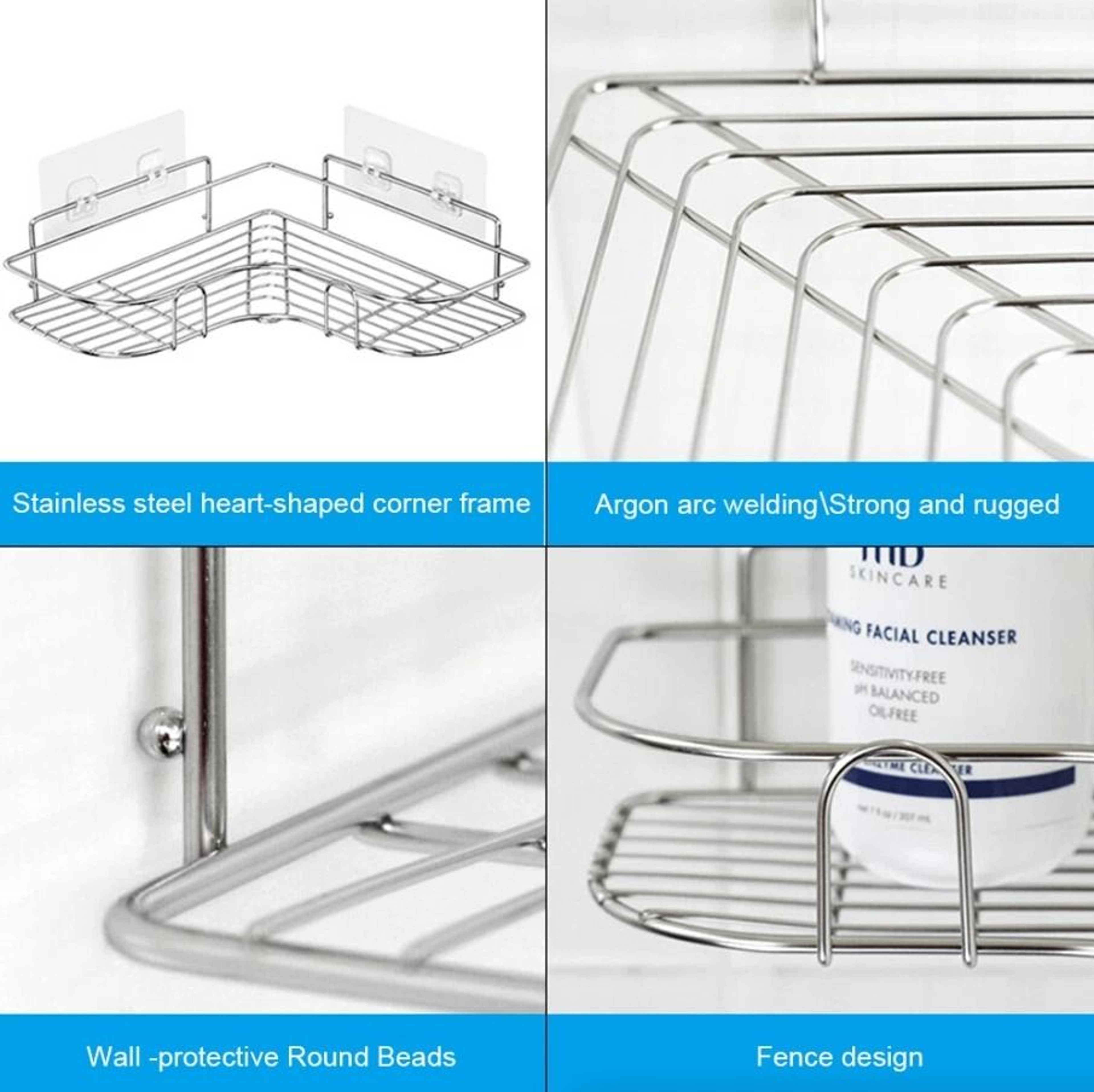 Rustproof Corner Shower Caddy  Triangular Rack Bathroom Storage Shelf Organizer With NoDrill Adhesi 2