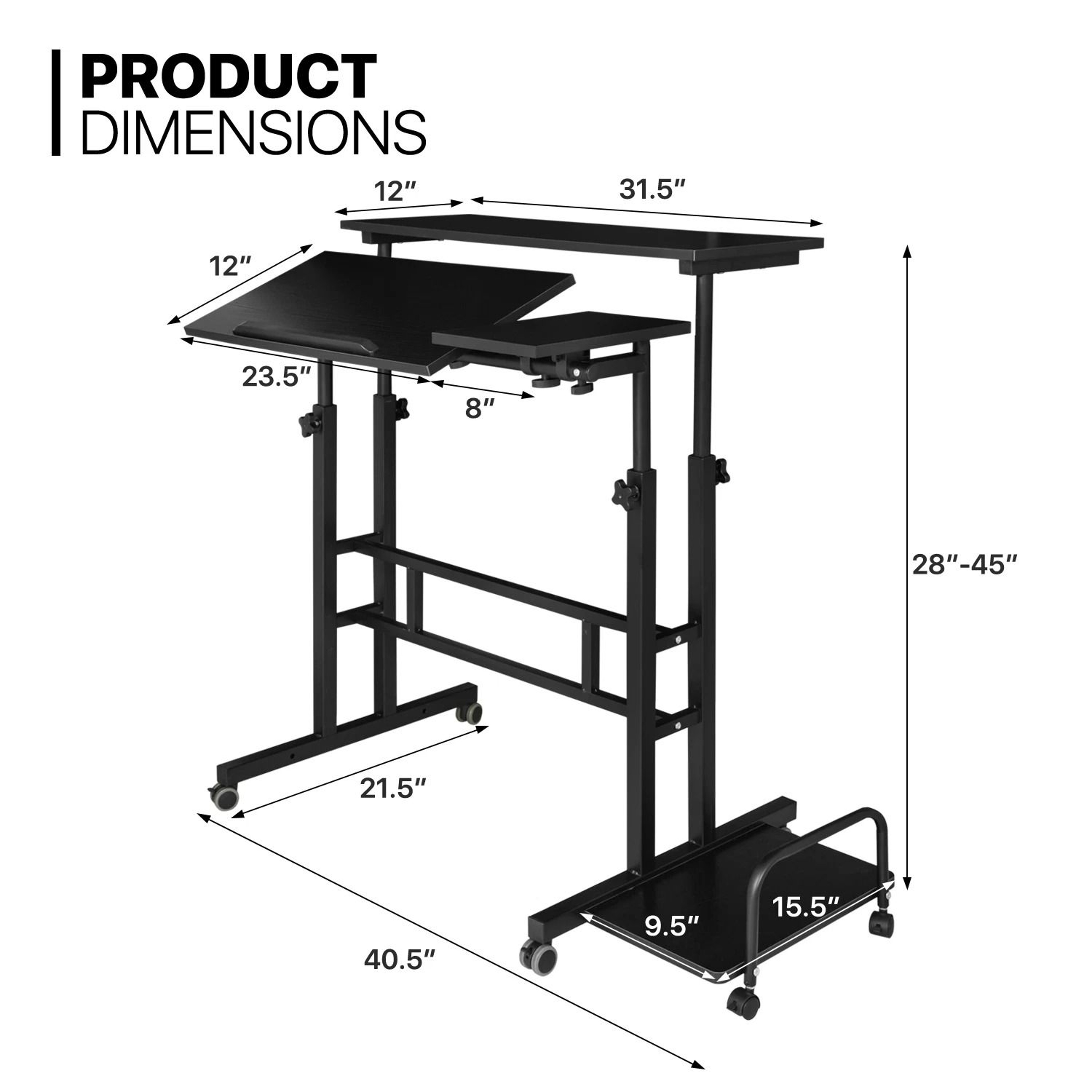 Rolling Adjustable Height Laptop Desk With Mouse Tray And CPU Stand  Portable Workstation PC Table 9