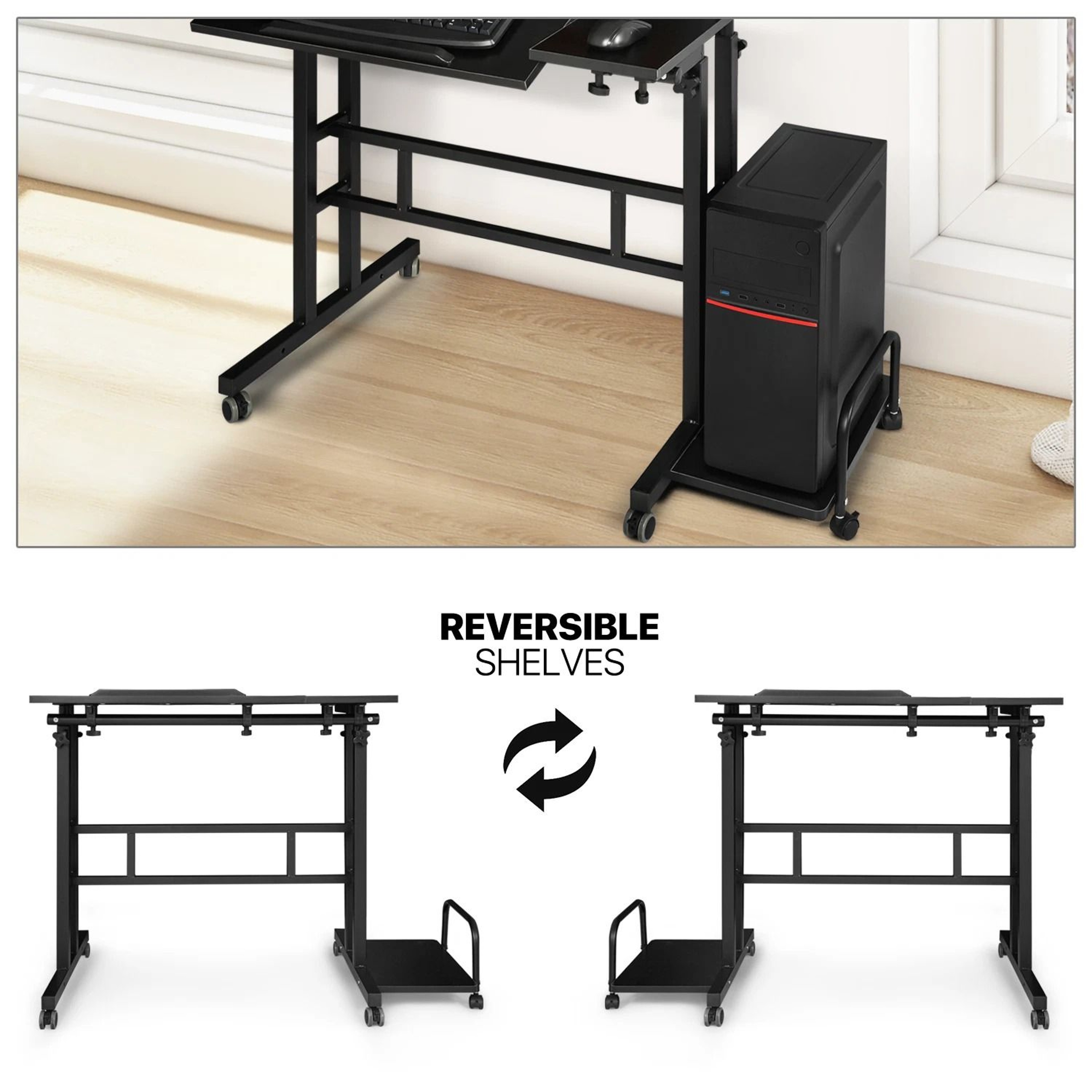 Rolling Adjustable Height Laptop Desk With Mouse Tray And CPU Stand  Portable Workstation PC Table 6