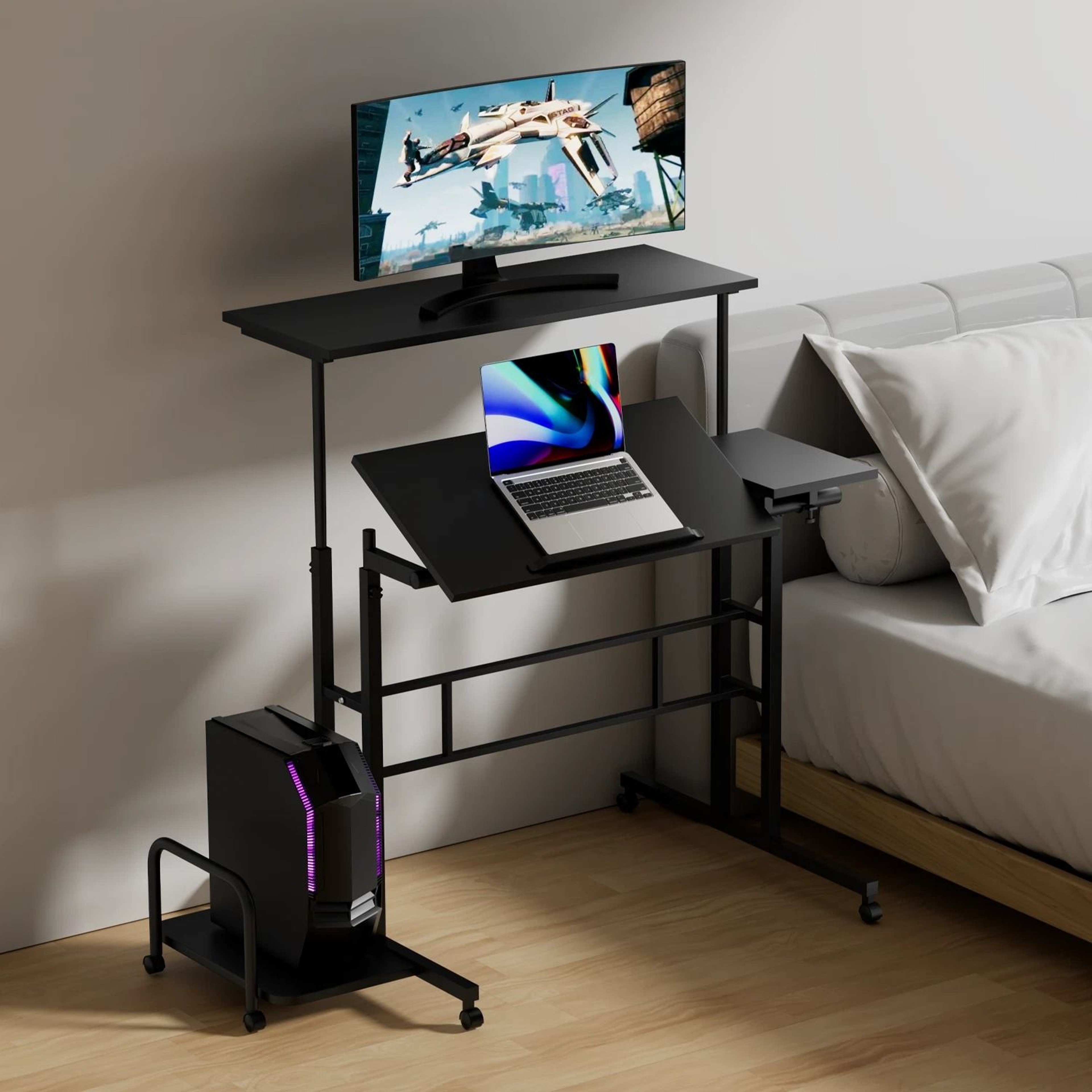 Rolling Adjustable Height Laptop Desk With Mouse Tray And CPU Stand  Portable Workstation PC Table 0