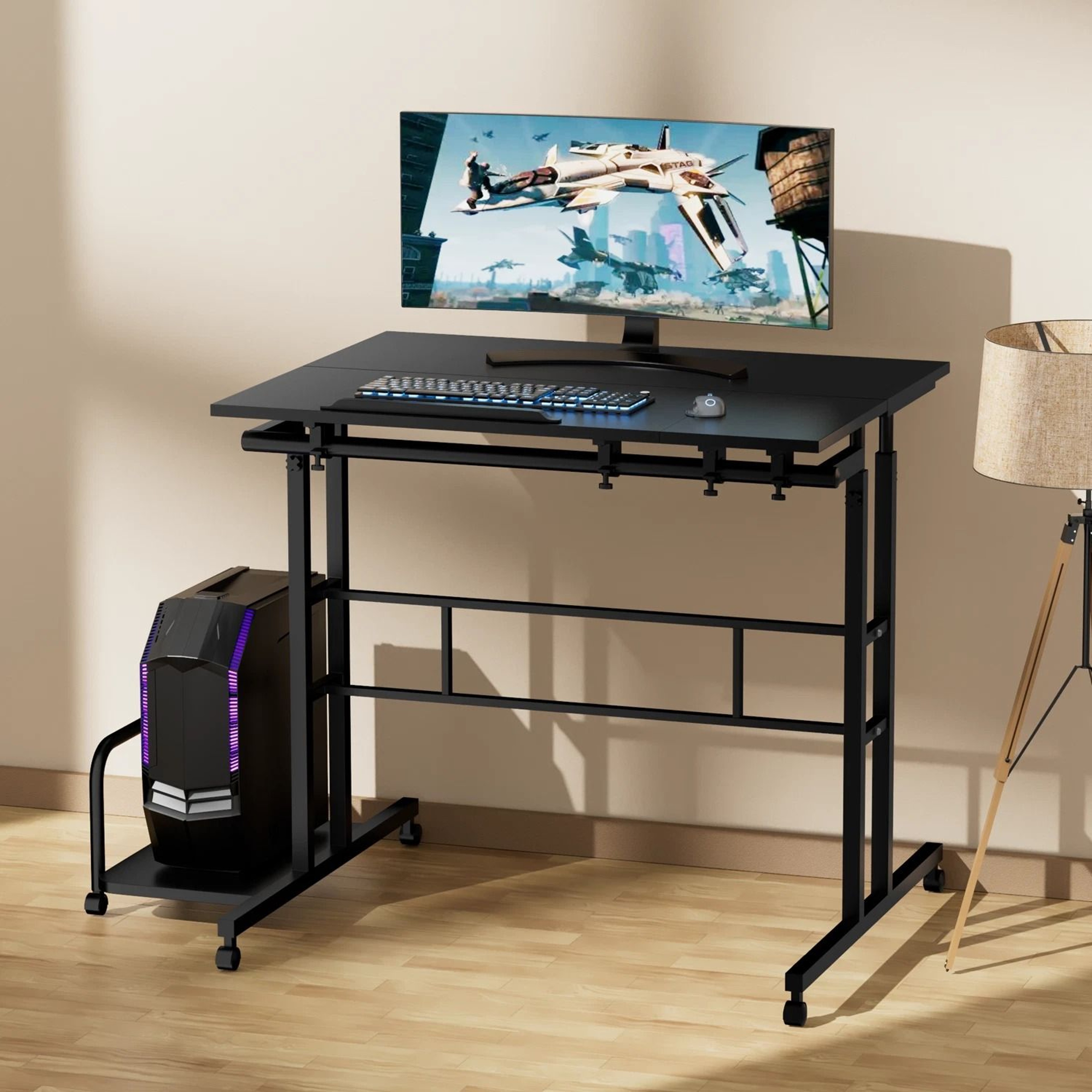 Rolling Adjustable Height Laptop Desk With Mouse Tray And CPU Stand  Portable Workstation PC Table 1