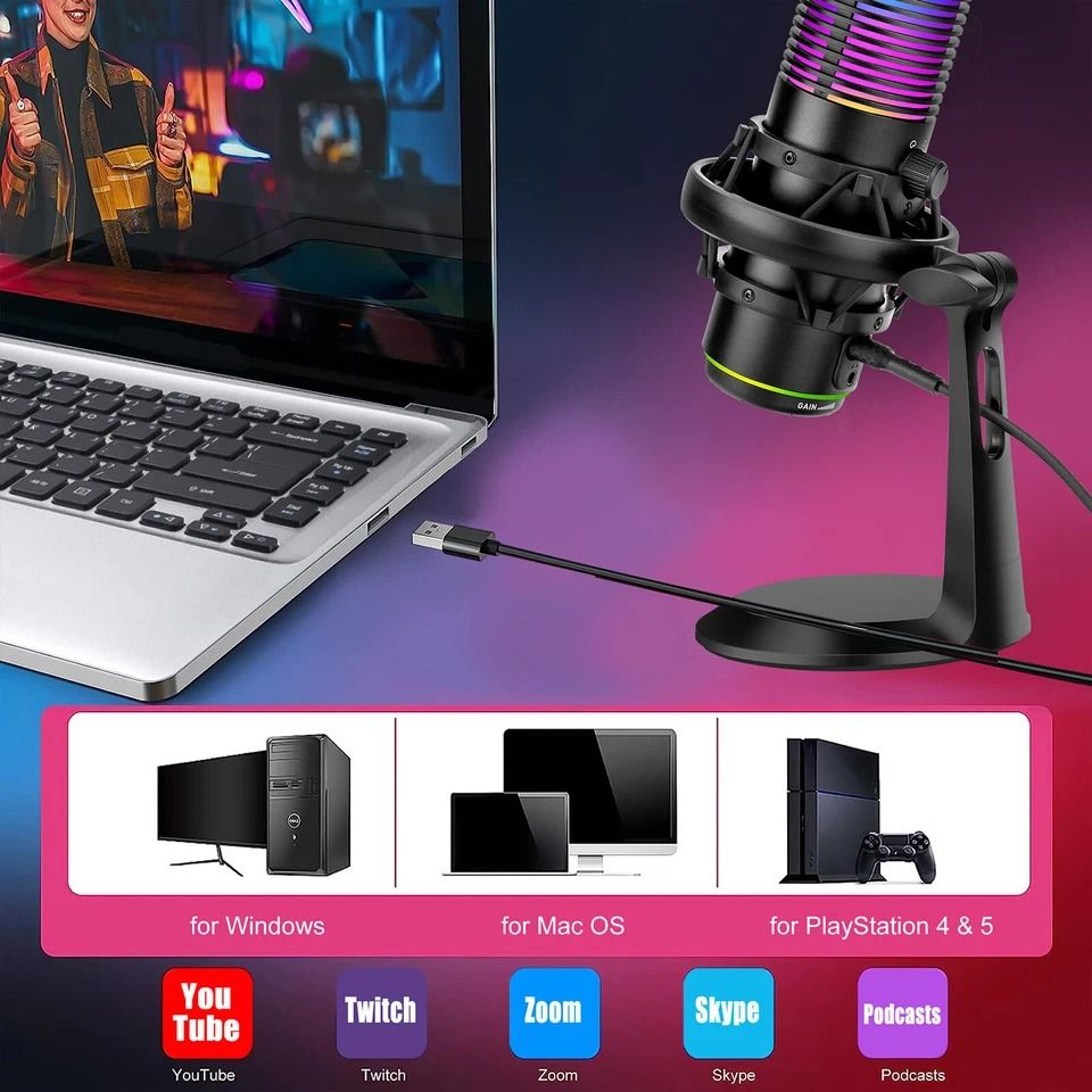 USB Microphone With Noise Cancellation Cardioid Condenser Gaming Mic For PC  Laptop 3
