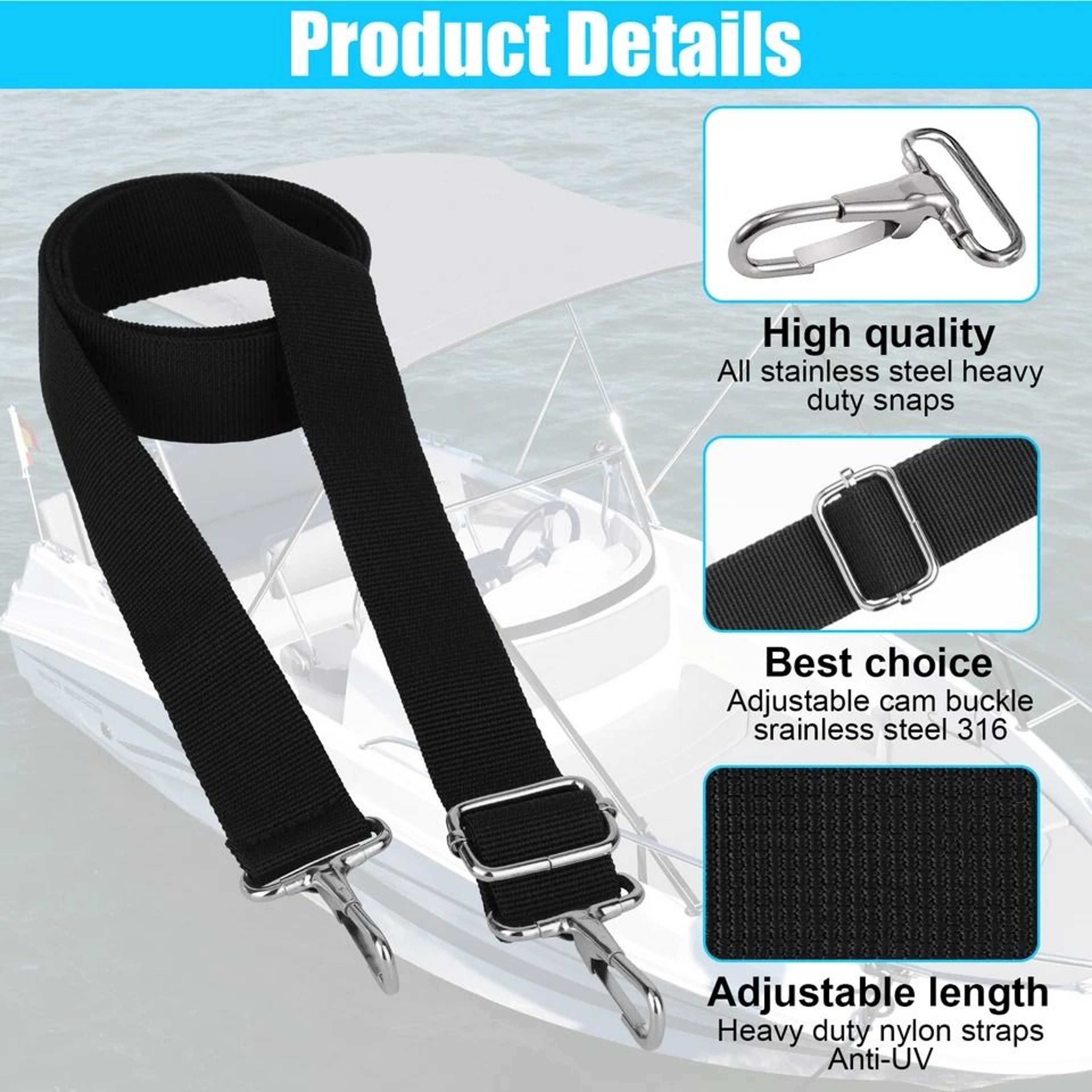 Adjustable Boat Top Straps With Stainless Steel Hooks For Durable Marine Canopy Fit 4