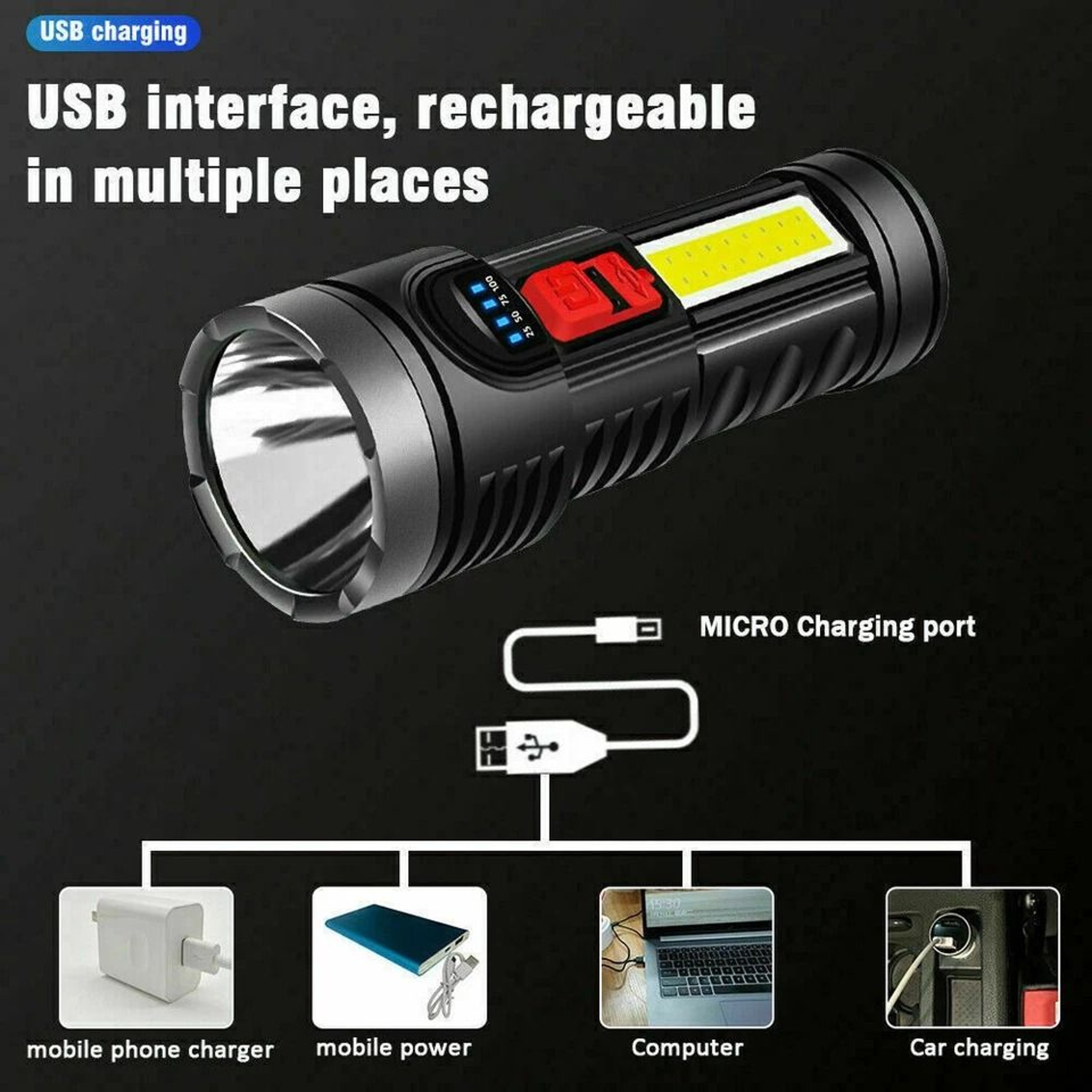 Super Bright Tactical Flashlight USB Rechargeable  Battery Waterproof LED Torch 3