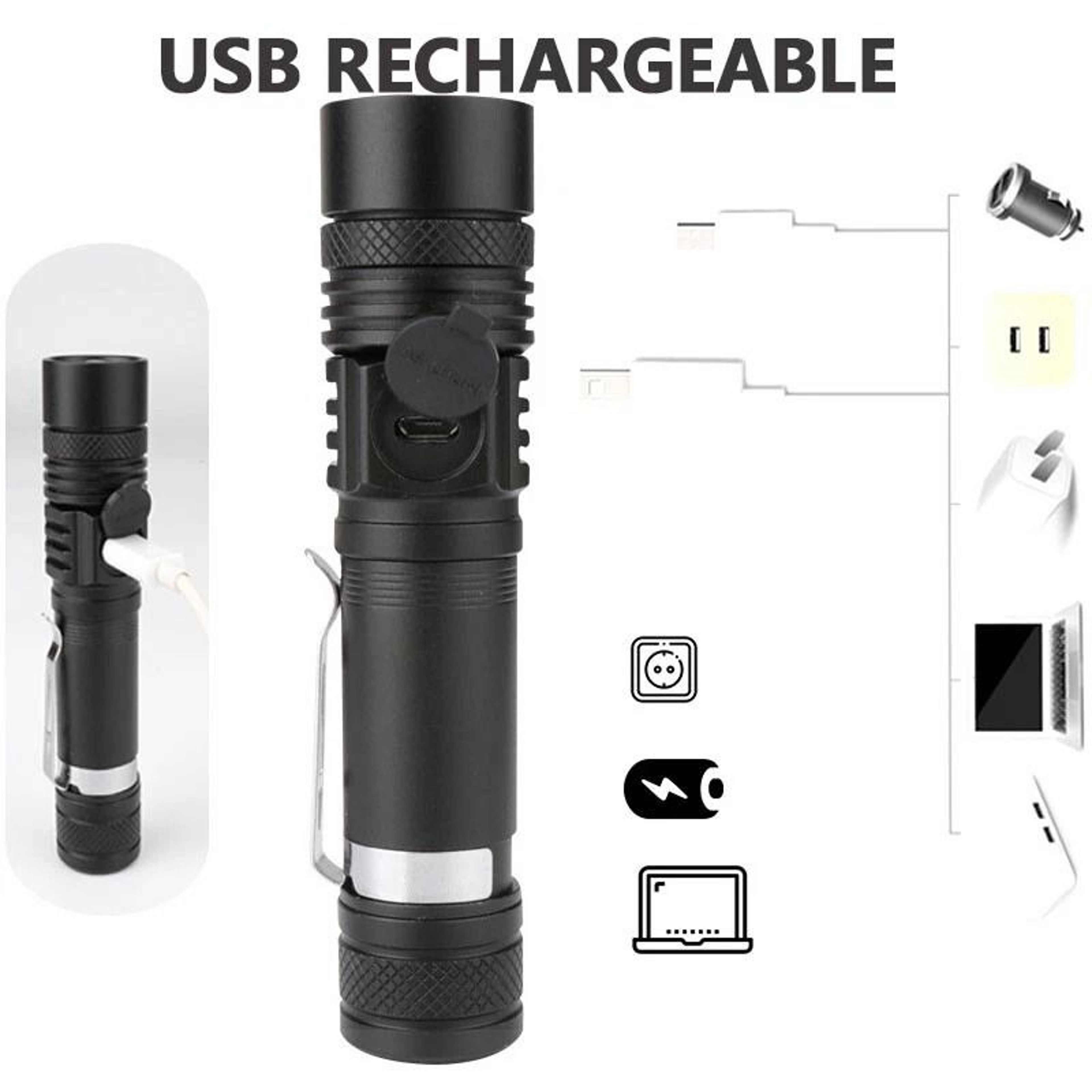 Rechargeable Tactical LED Flashlight Super Bright Zoomable USB Rechargeable Waterproof 8
