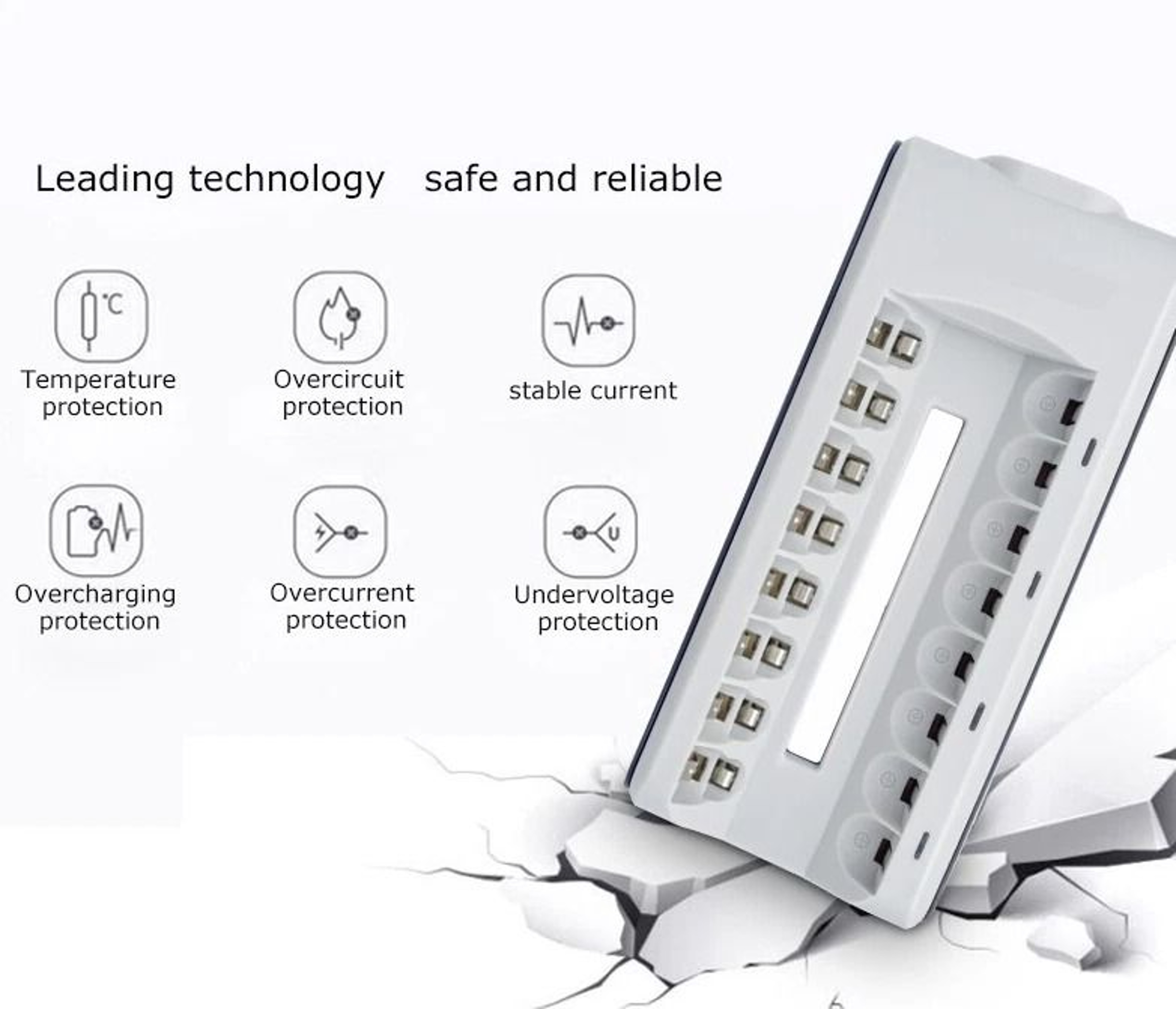 Rechargeable Battery Charger With 8 Slots Fast Charge 10