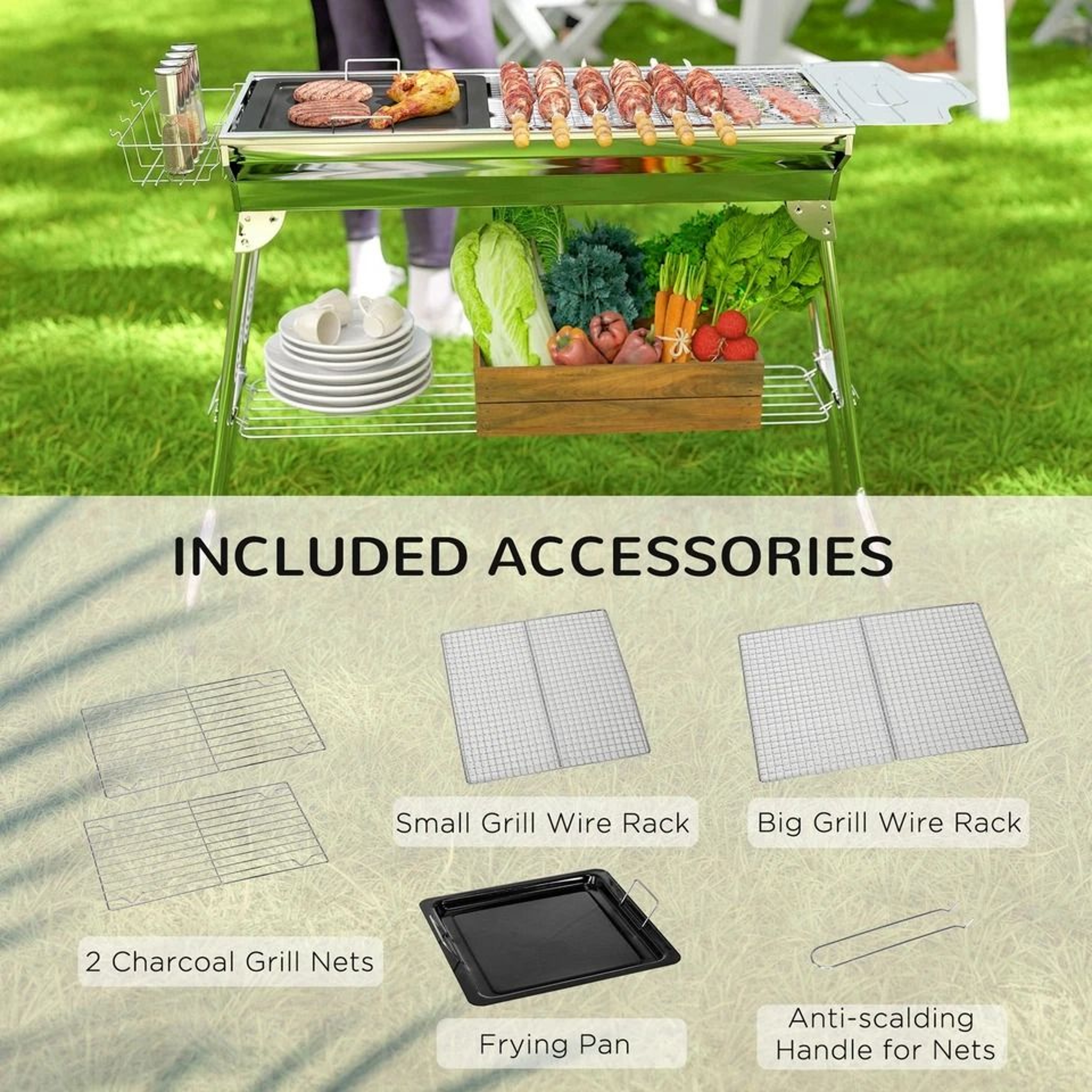 Outsunny Portable Charcoal BBQ Grill Folding Stainless Steel Camping Grill 6