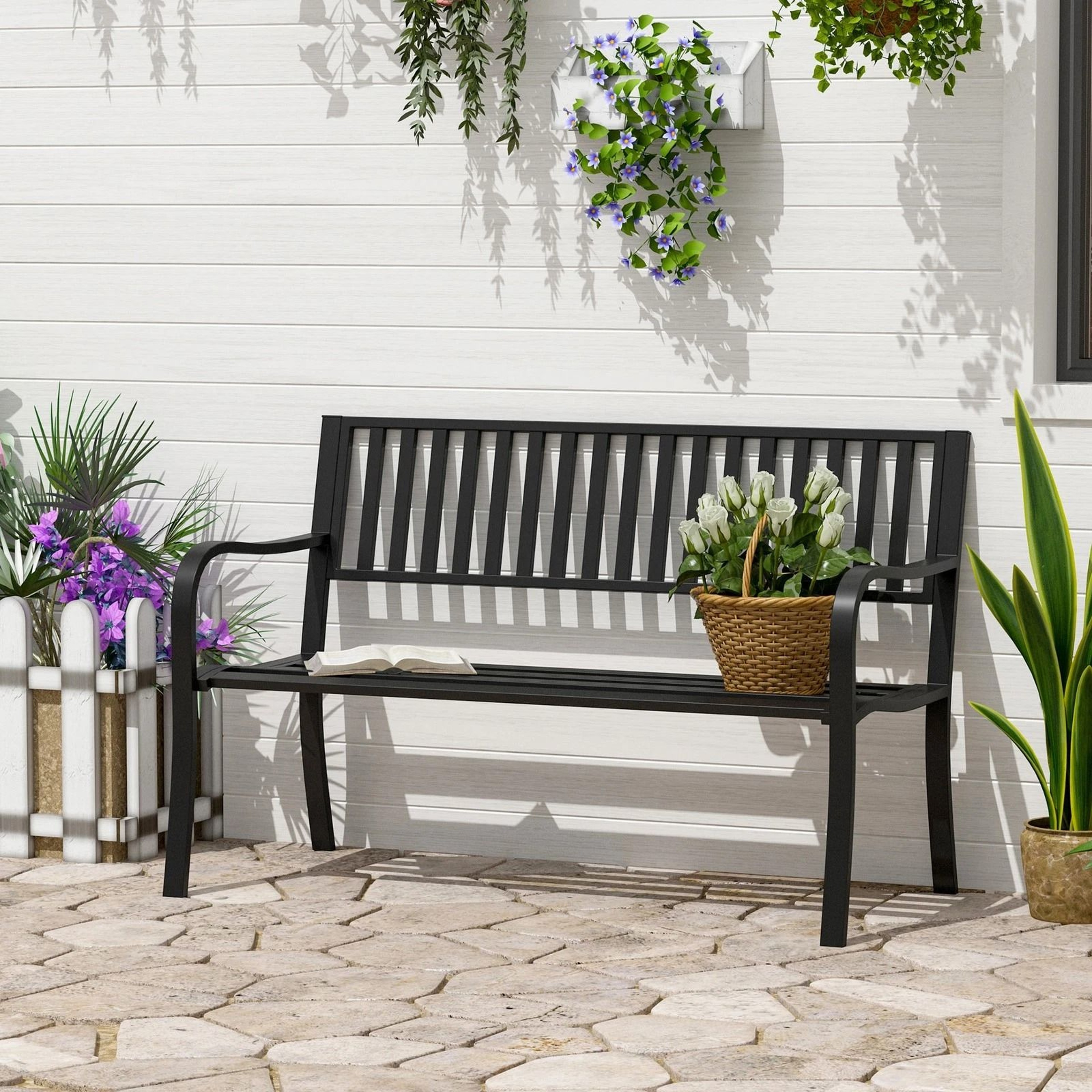 Outdoor Steel Garden Bench Patio Park Chair With Backrest And Armrests 0