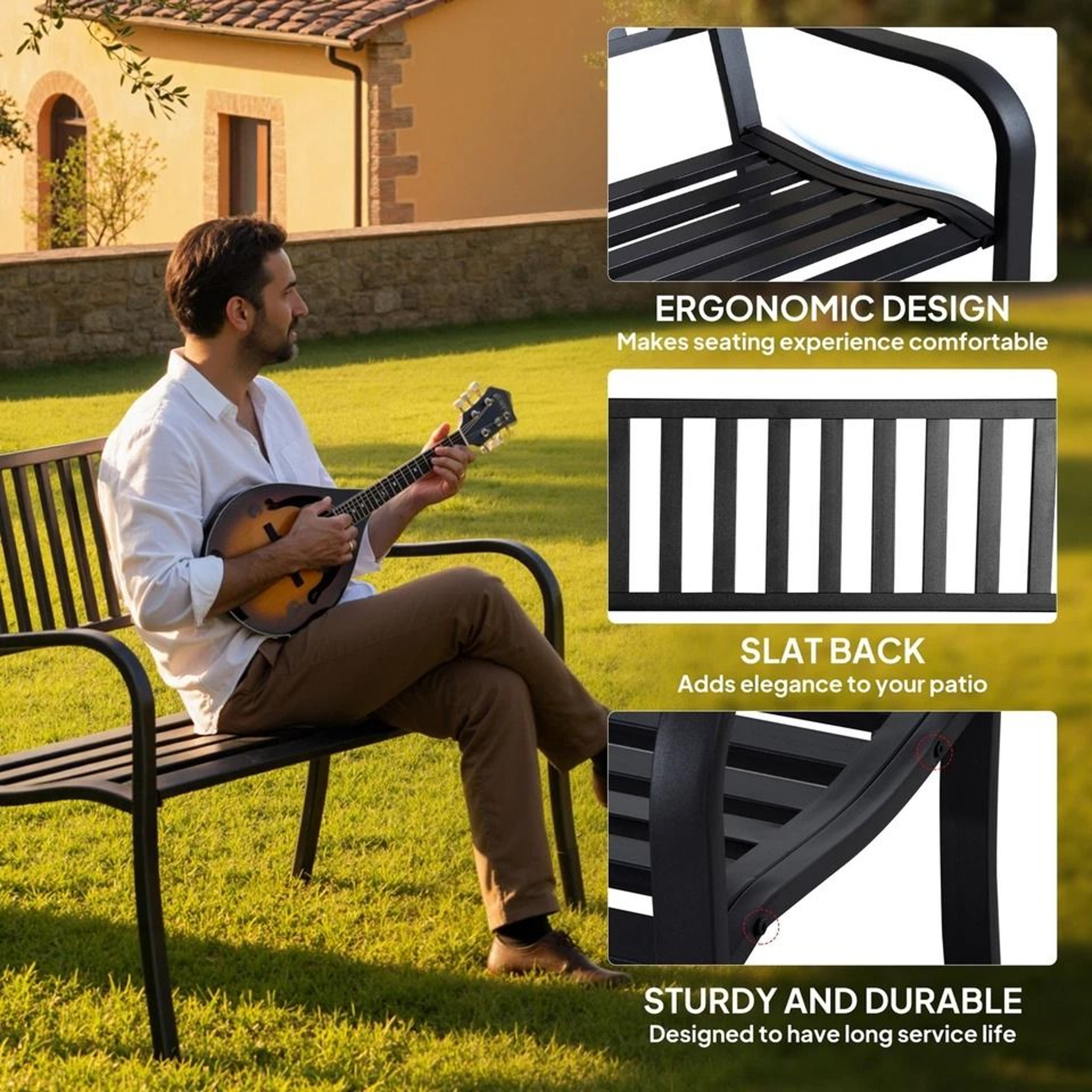 Outdoor Steel Garden Bench Patio Park Chair With Backrest And Armrests 6