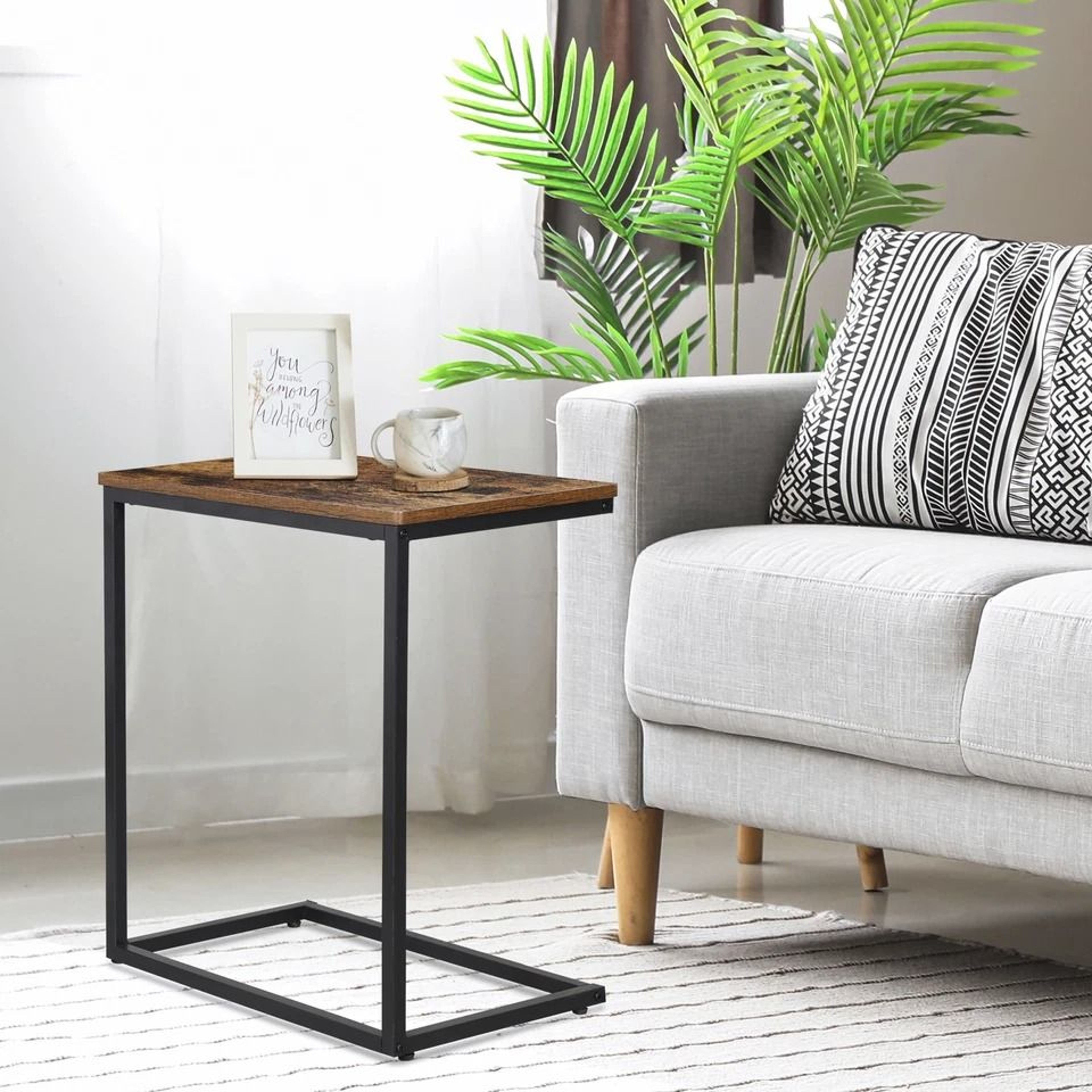 Rustic C Shaped Side Table Sofa End Table For Bedside  Small Spaces 0