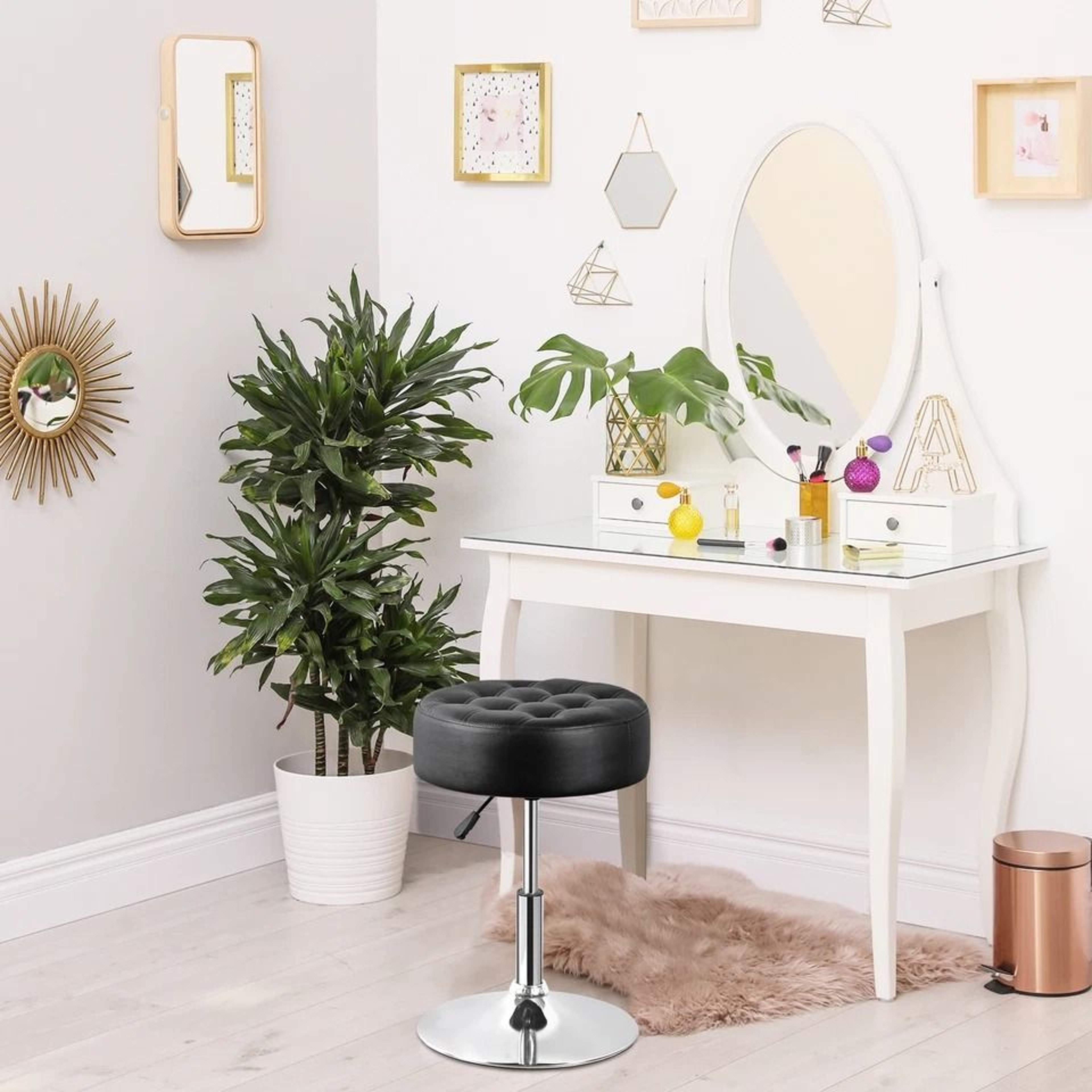 Adjustable Vanity Stool Swivel PU Leather Makeup Chair With Hydraulic Lift 1