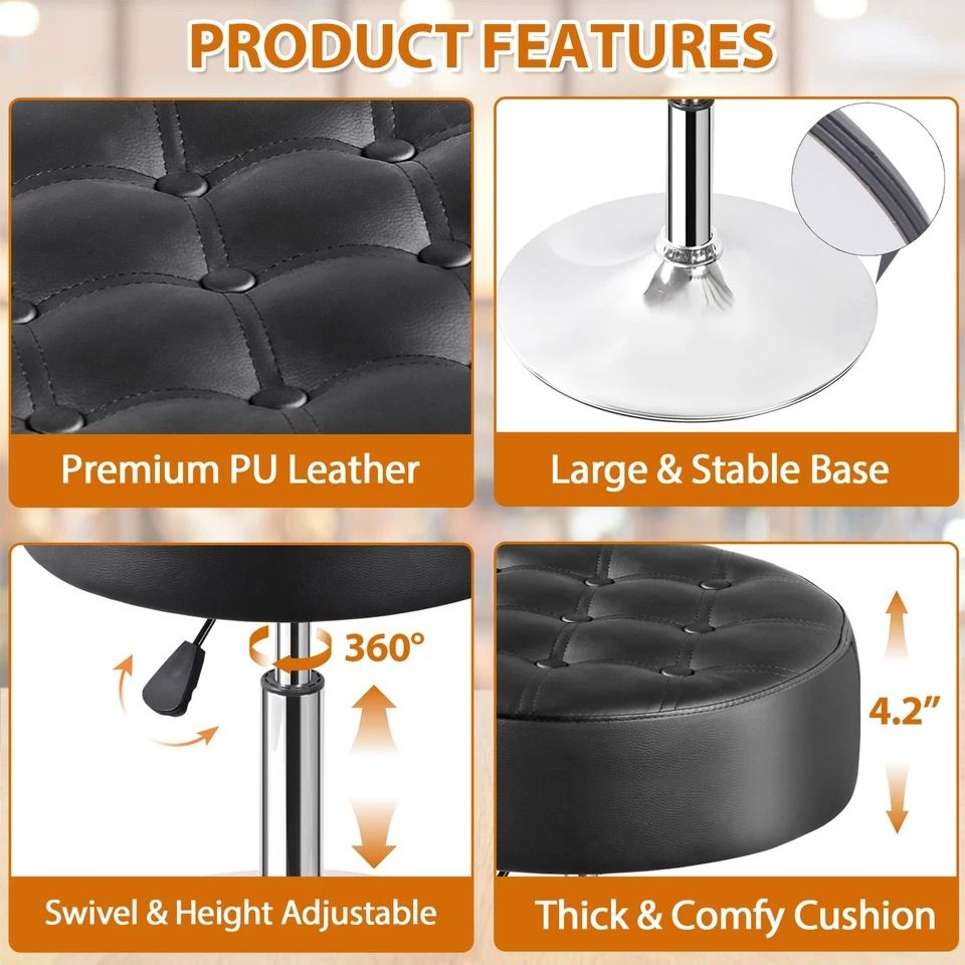 Adjustable Vanity Stool Swivel PU Leather Makeup Chair With Hydraulic Lift 6