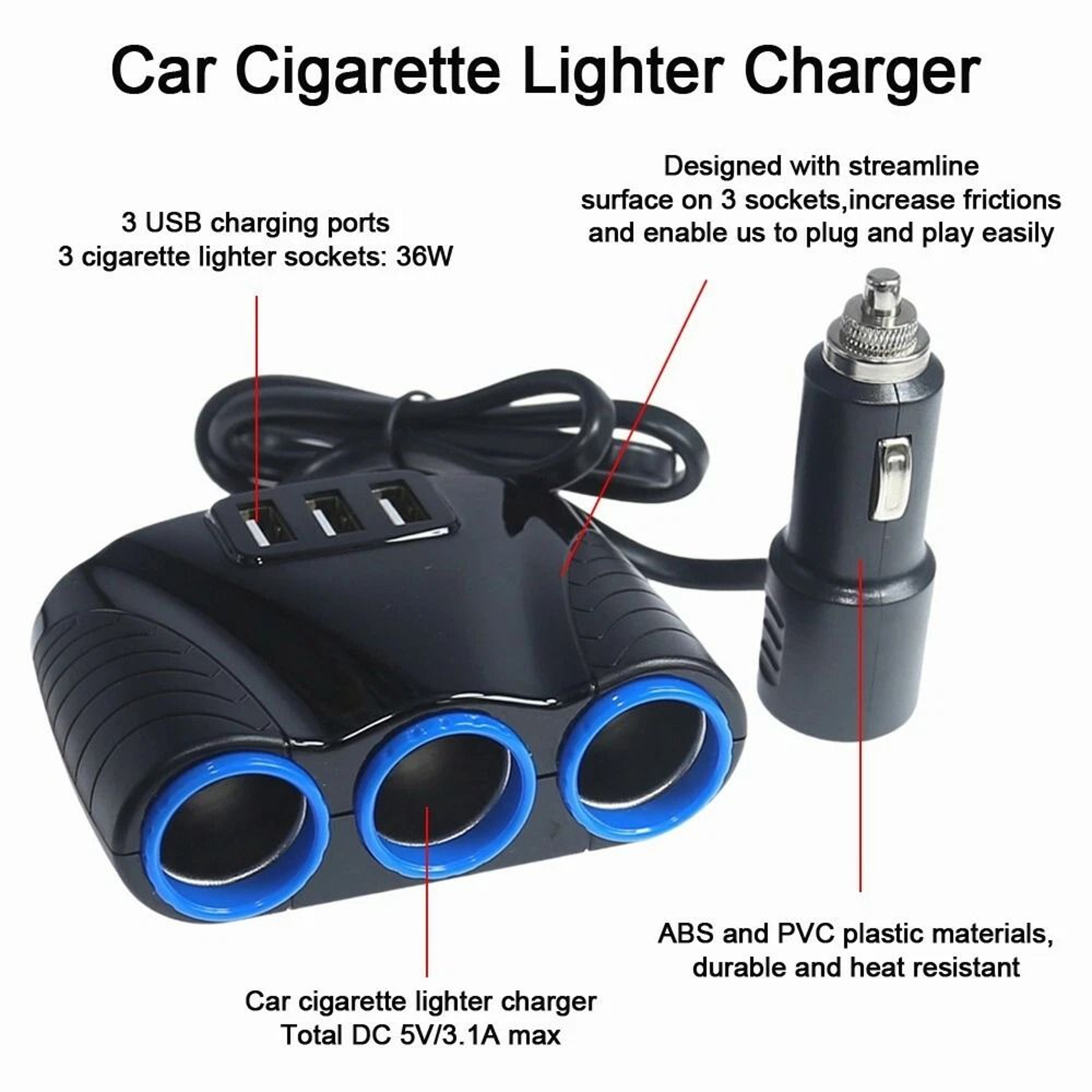 Port Car Charger Splitter With USB Fast Charge Cigarette Lighter Adapter 5