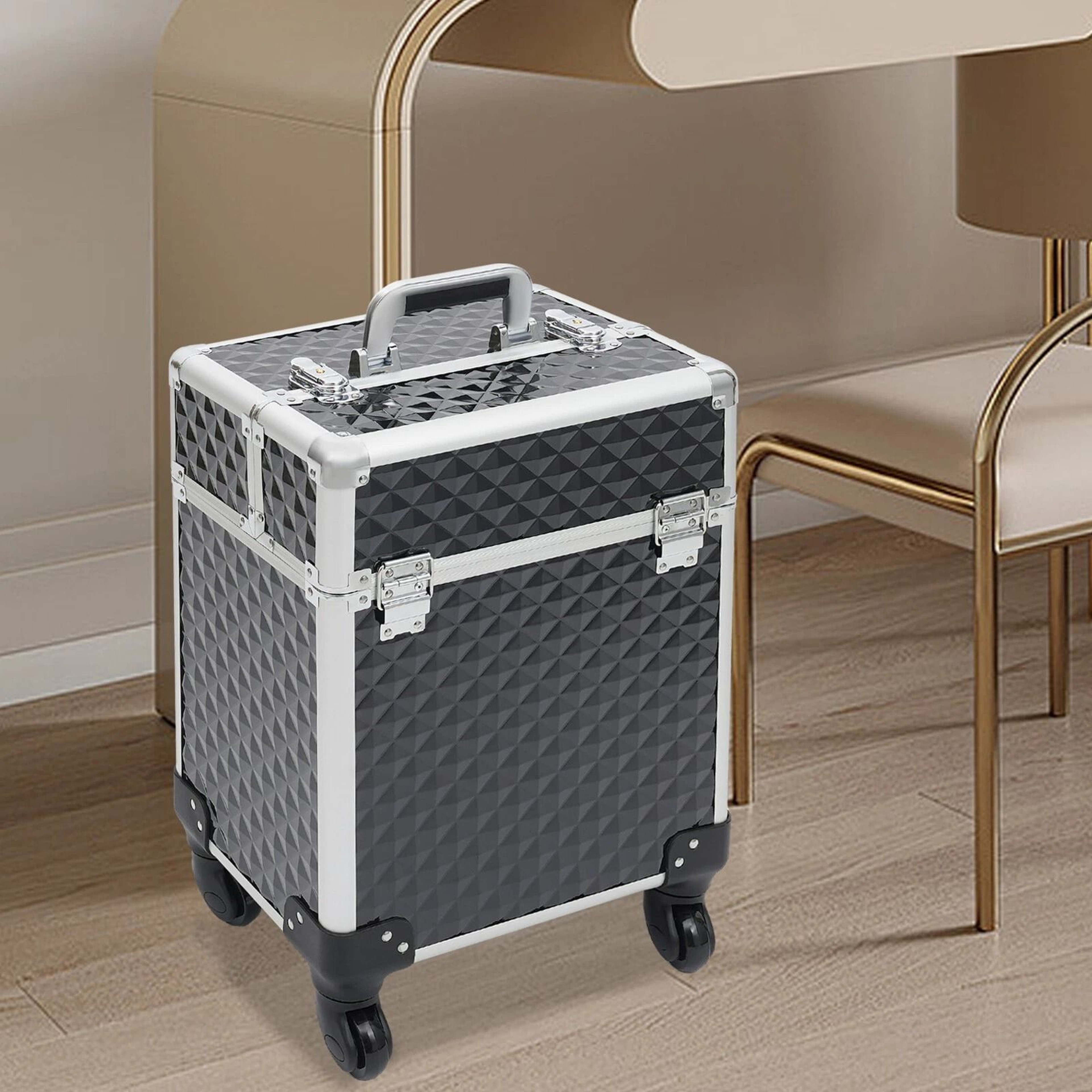 Professional Aluminum Rolling Makeup Case Large Capacity Wheeled Makeup Storage 0