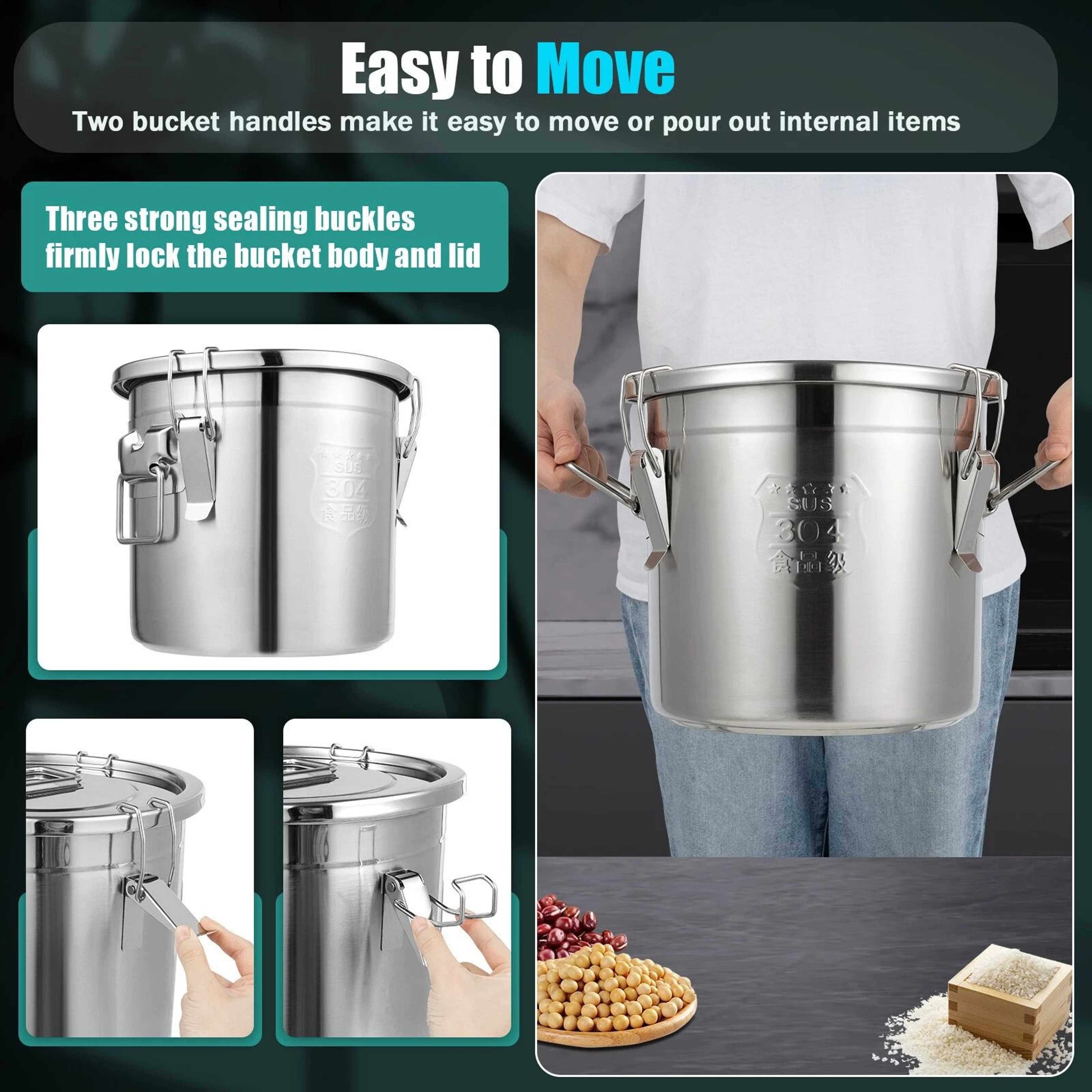 Premium Stainless Steel Food Storage Container Airtight Kitchen Grain Storage Bucket 7