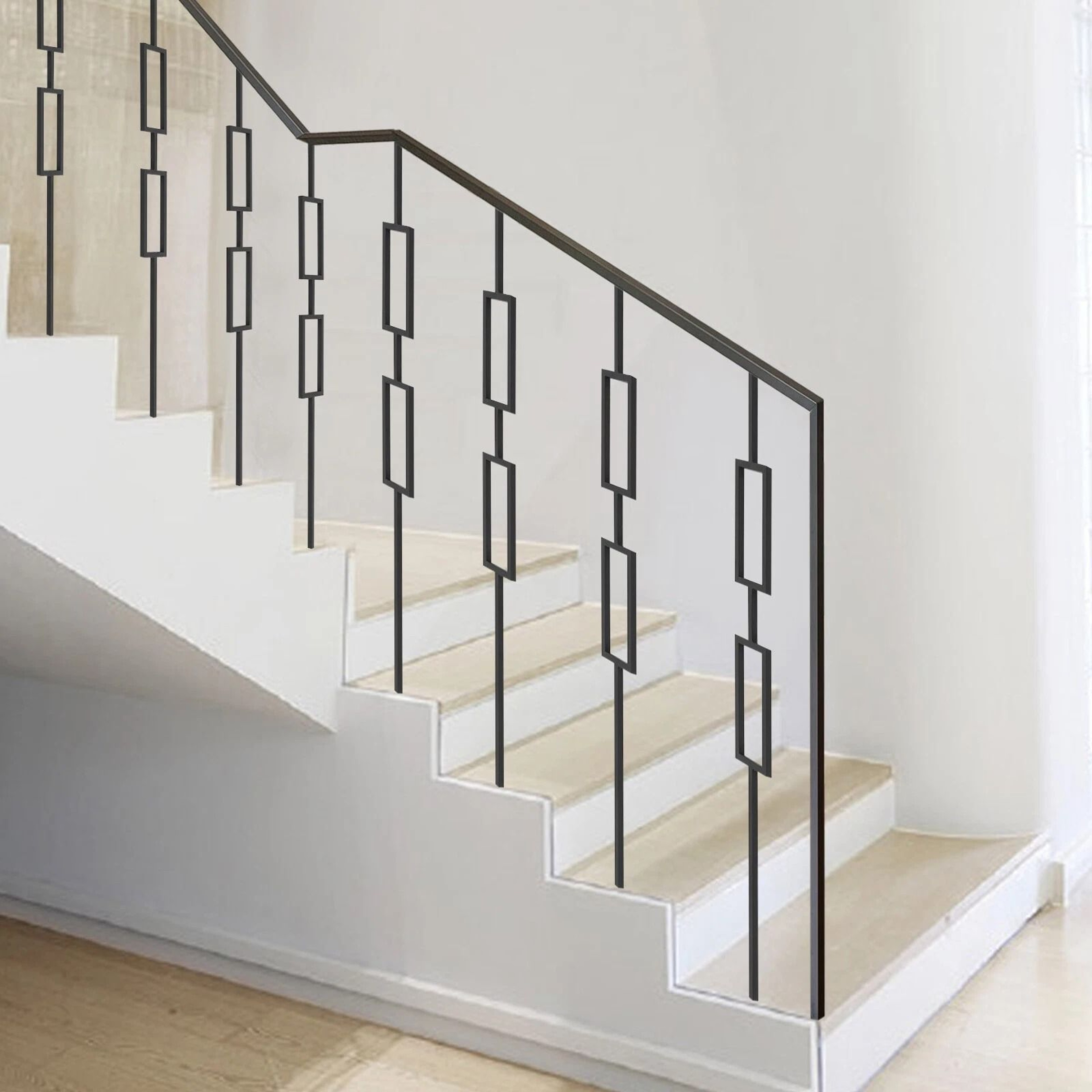 Black Metal Staircase Balusters Double Rectangle Iron Stair Railing Spindles 0
