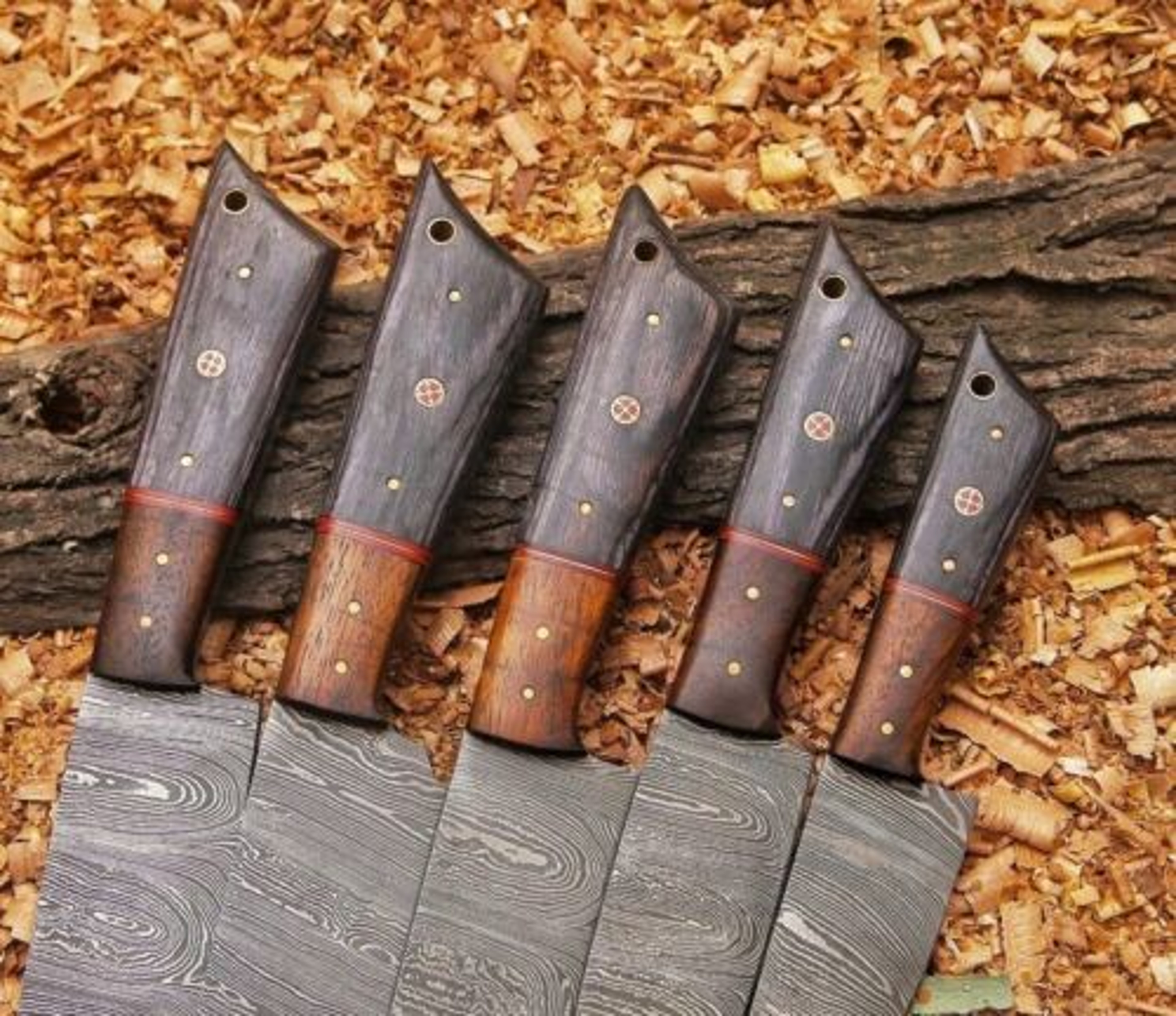Custom Handmade Damascus Steel 5Piece Chef Knife Set With Leather Sheath  Wood Handles 0