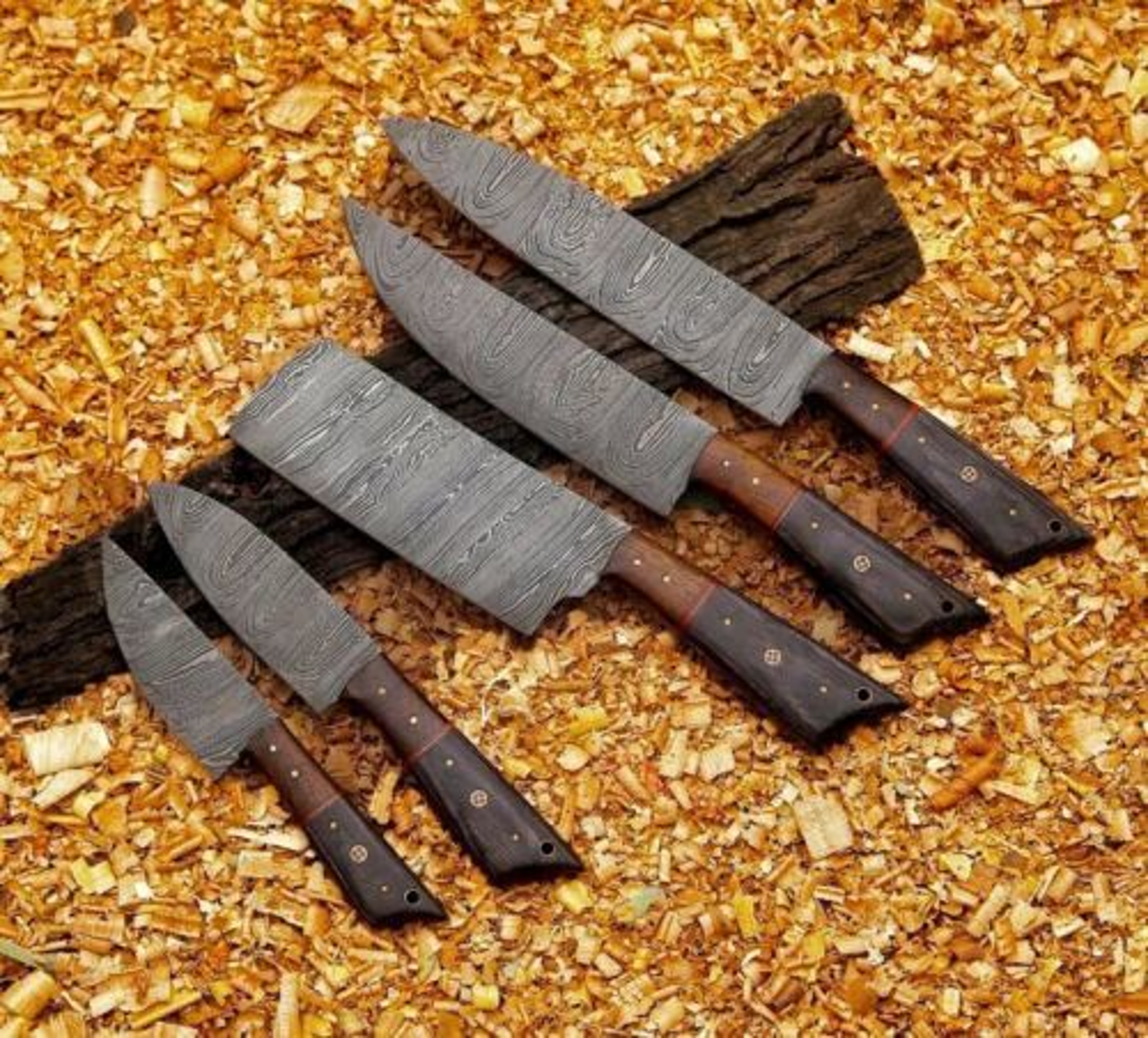 Custom Handmade Damascus Steel 5Piece Chef Knife Set With Leather Sheath  Wood Handles 2