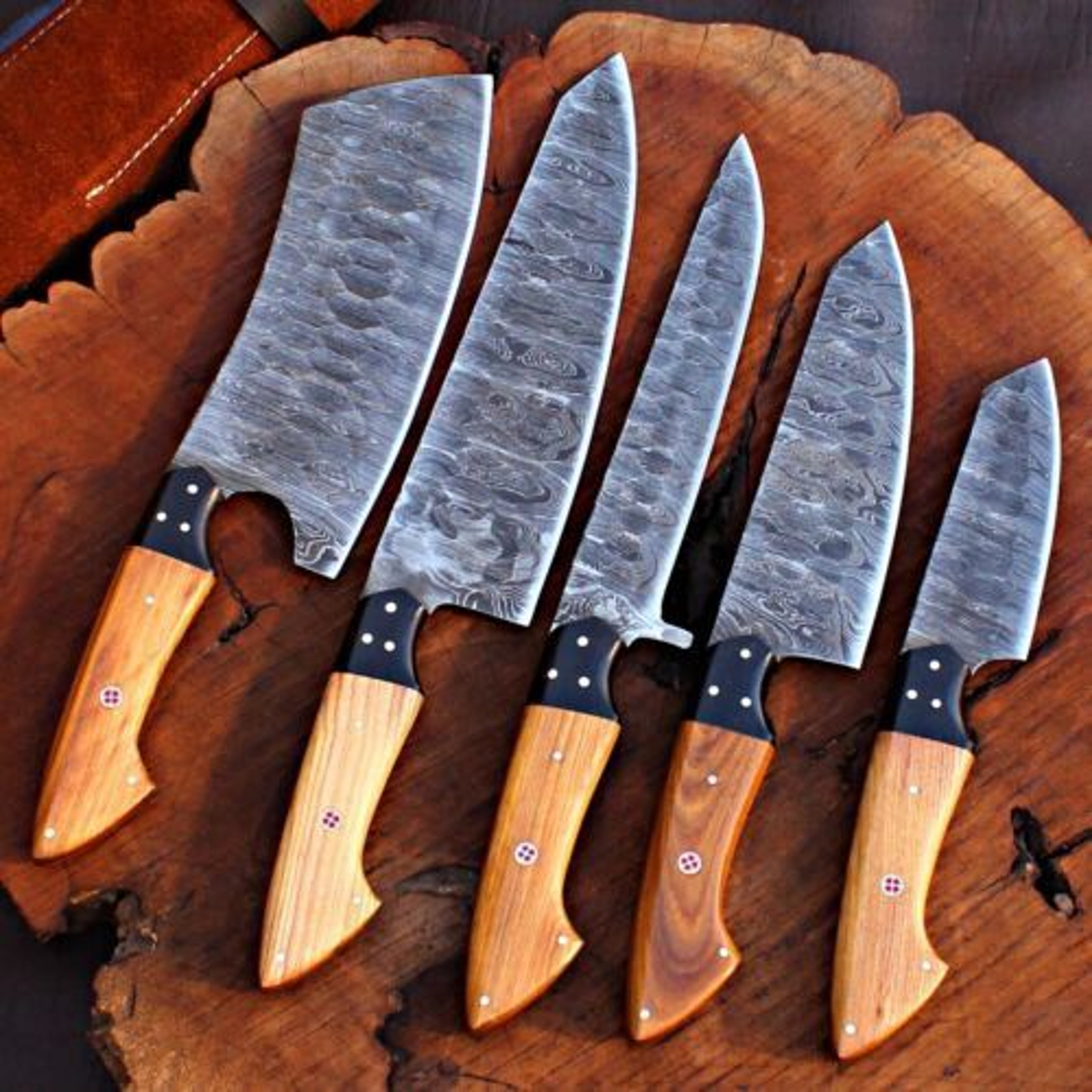Handmade Damascus Steel Chef Knives Kitchen Set With Leather Bag 3